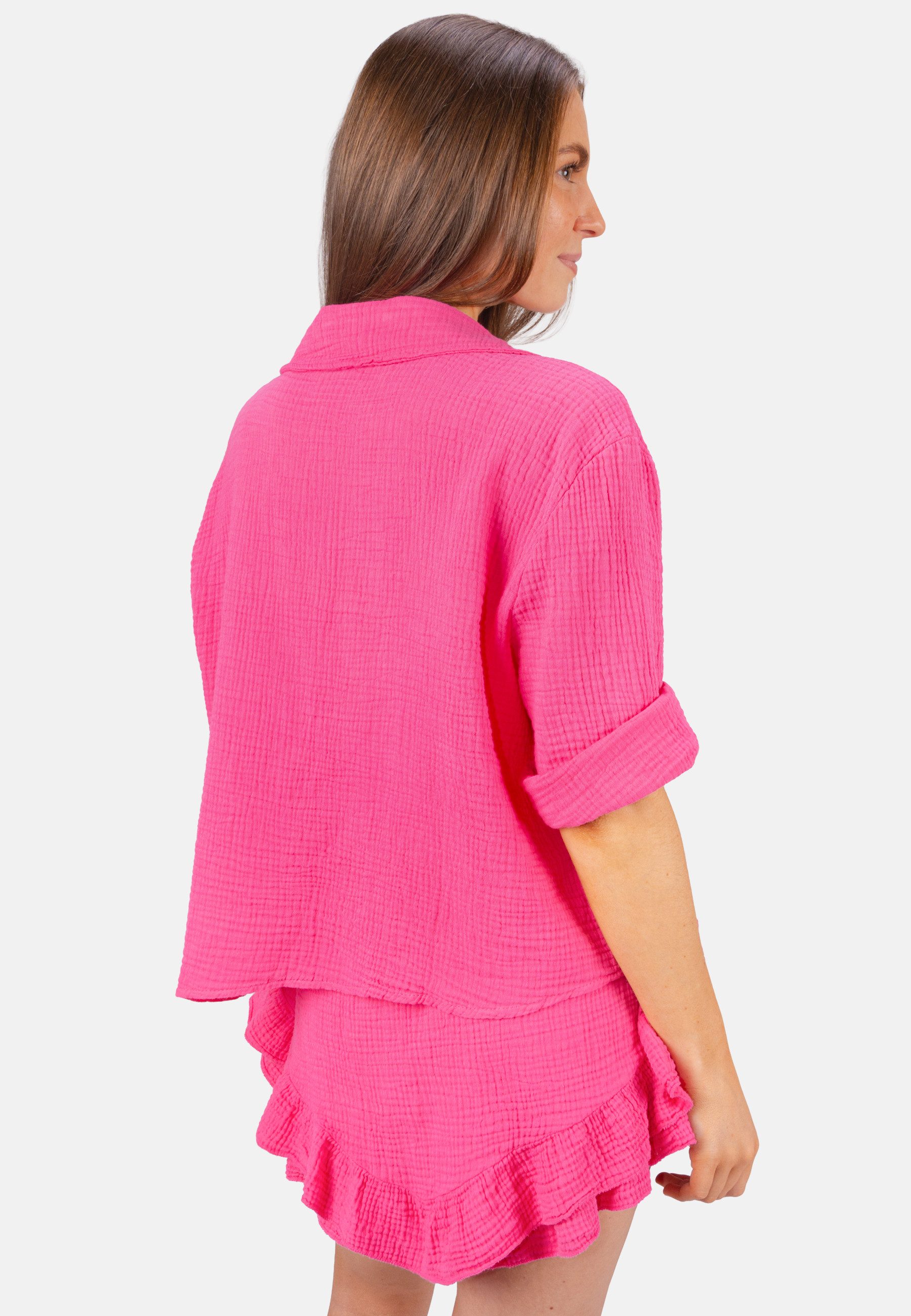 Seasons of April Hemdbluse CELINA MUSSELIN Kurze Damen Musselin Bluse mit Tasche, 100% Baumwolle, luftig locker