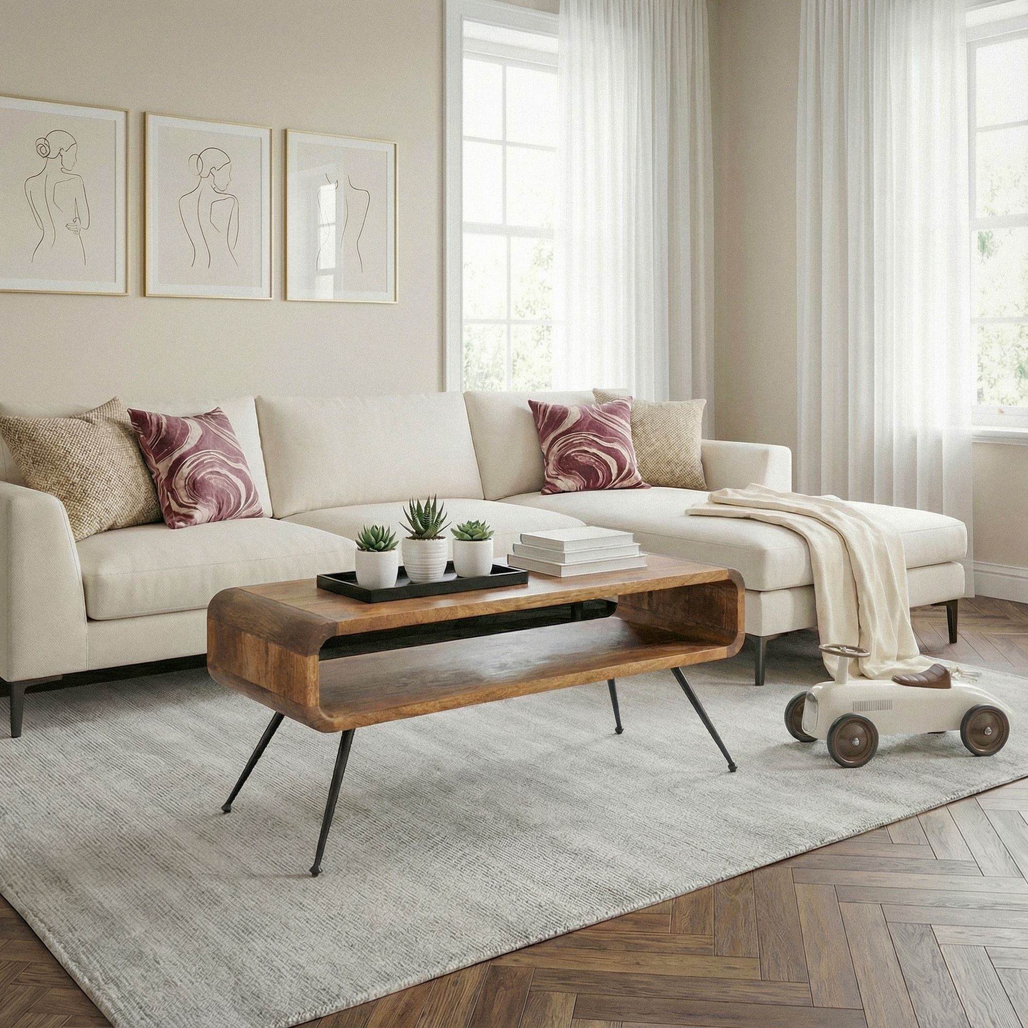 FINEBUY Couchtisch FB116624 Massivholz 105cm Wohnzimmertisch Ablage Beistelltisch Tisch (Längliches Möbelstück im edlen Retro-Stil), Korpus aus Mangoholz auf robustem Metall