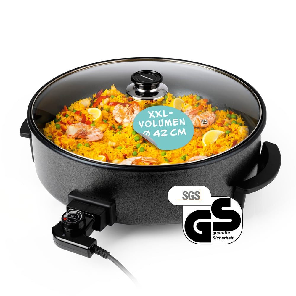 GOURMETmaxx Elektrische Pfanne 1500W metallic schwarz 42cm mit Deckel & Trenner, 1500 W, Pasta Pizza ohne Herd zubereiten Antihaftbeschichtung mit Cool-Touch