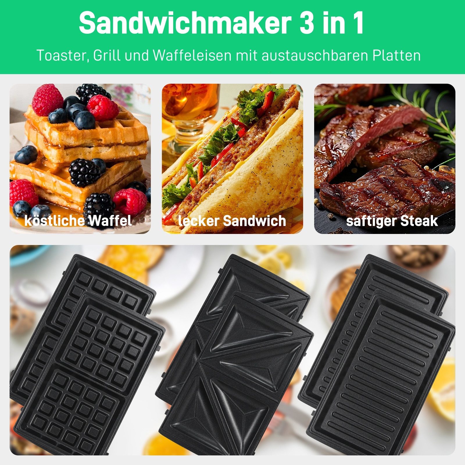 OZAVO 3-in-1-Sandwichmaker OZ320 3-in-1 Sandwichmaker & Waffeleisen & Kontaktgrill, 750 W, Antihaftbeschichtung, Vertikale Aufbewahrung,23.7*22cm