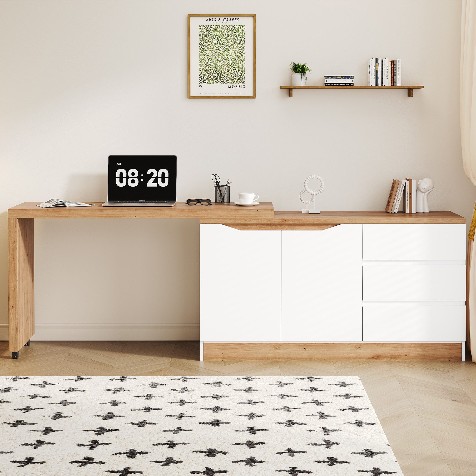 Merax Eckschreibtisch 2-in-1 Bürotisch mit 2 Türen und 3 Schubladen, auf Rollen (1-St., Drehbarer Schreibtisch mit Stauraum), Computertisch & Sideboard