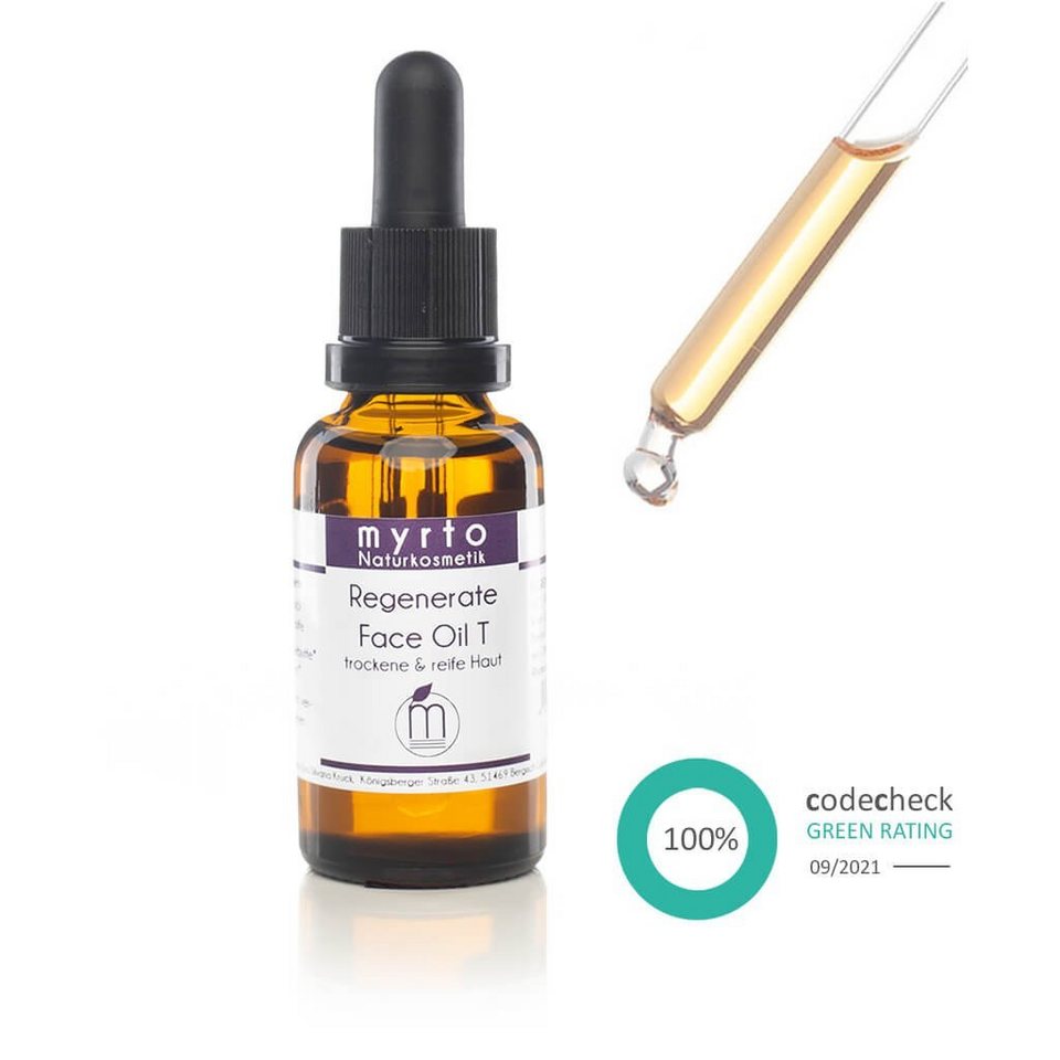 myrto Naturkosmetik Gesichtsöl Regenerate Face Oil T - Antioxidatives  Gesichtsöl für trockene Haut, Bestbewertung bei Codecheck: 100% Grüner Ring  EMPFEHLENSWERT