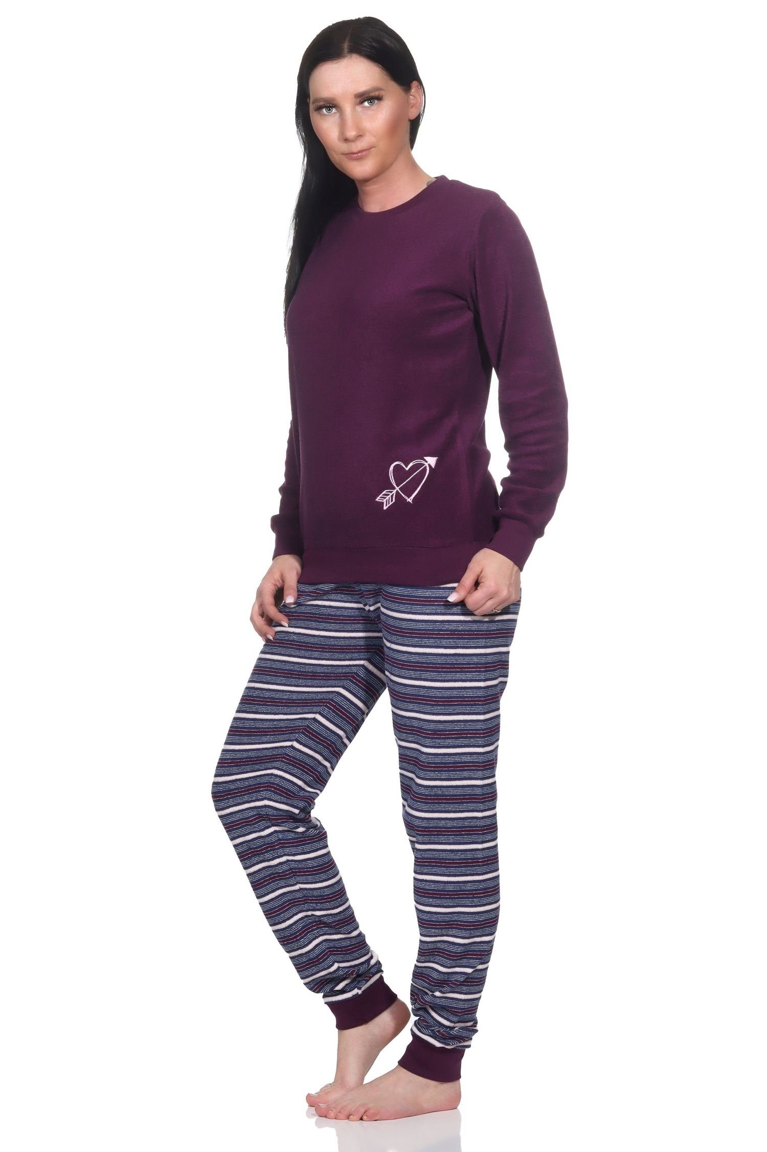Pyjama mit Wunderschöner Bündchen und Herz-Motiv Schlafanzug Damen Frottee lila Normann