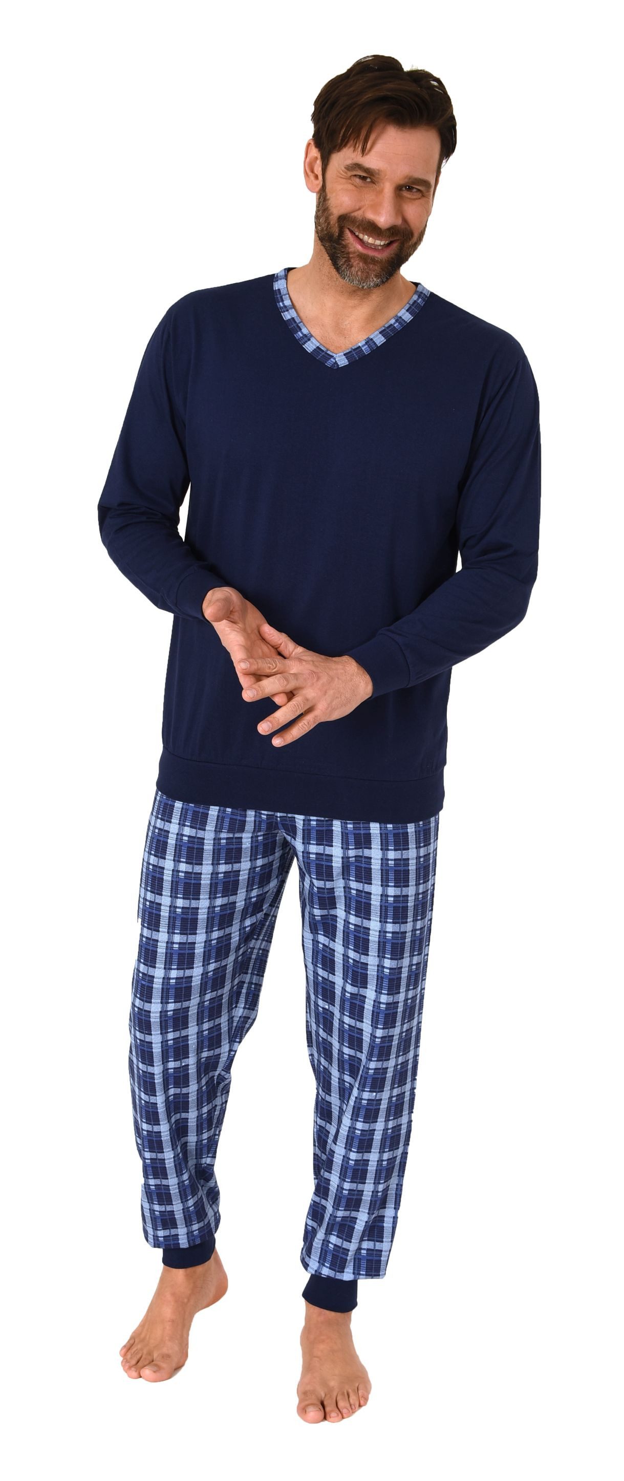 Normann Pyjama Normann Herren Schlafanzug mit Bündchen und karierter Jersey günstig online kaufen