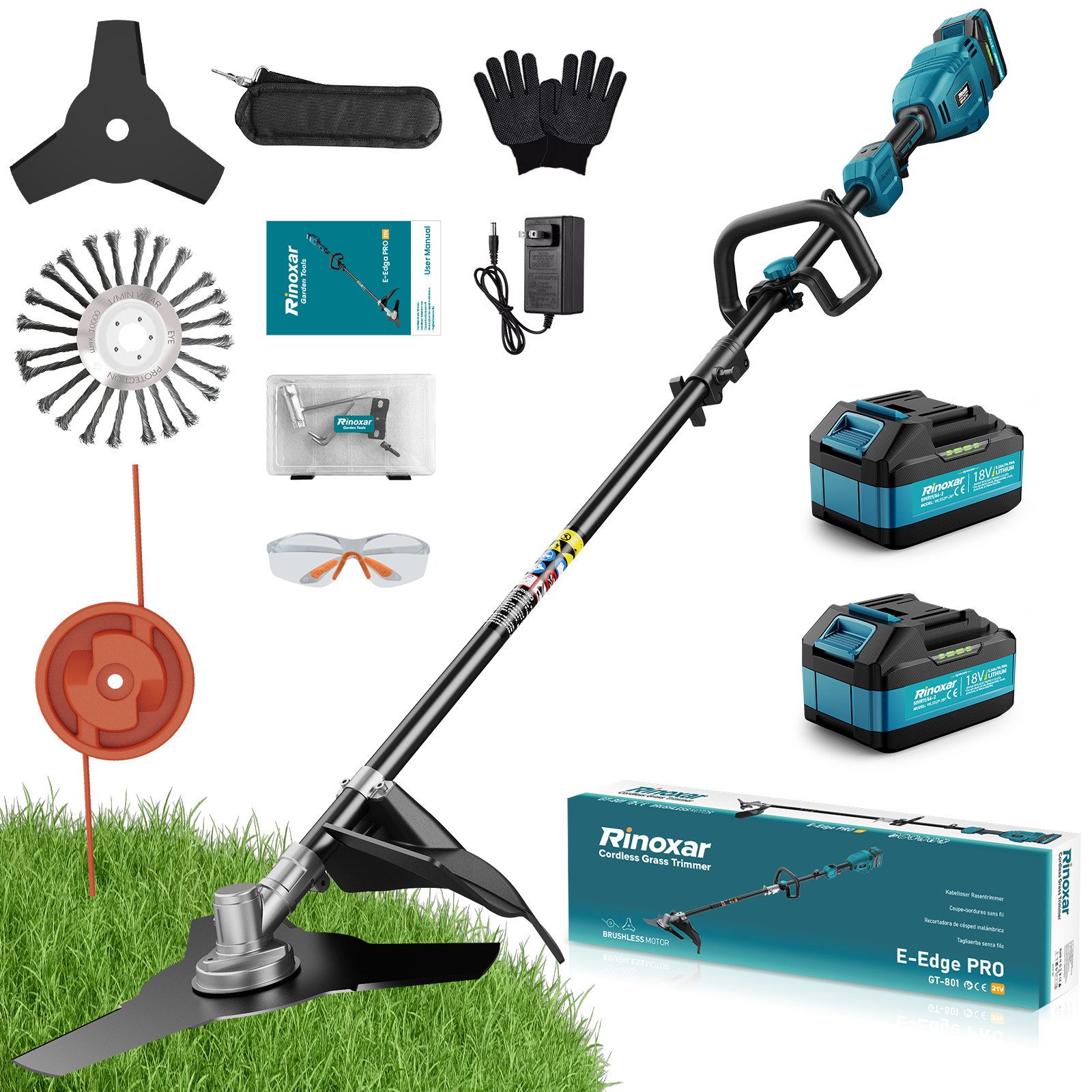 Rinoxar Akku-Rasentrimmer 12000RPM Akku Rasentrimmer, Akku Freischneider Mit 2x5200mAh Batterien, 26cm cm Arbeitsbreite Messer, 22cm cm Arbeitsbreite Faden, Sicherheitsschutz, 3 Arten Klingen für Garten, Hof
