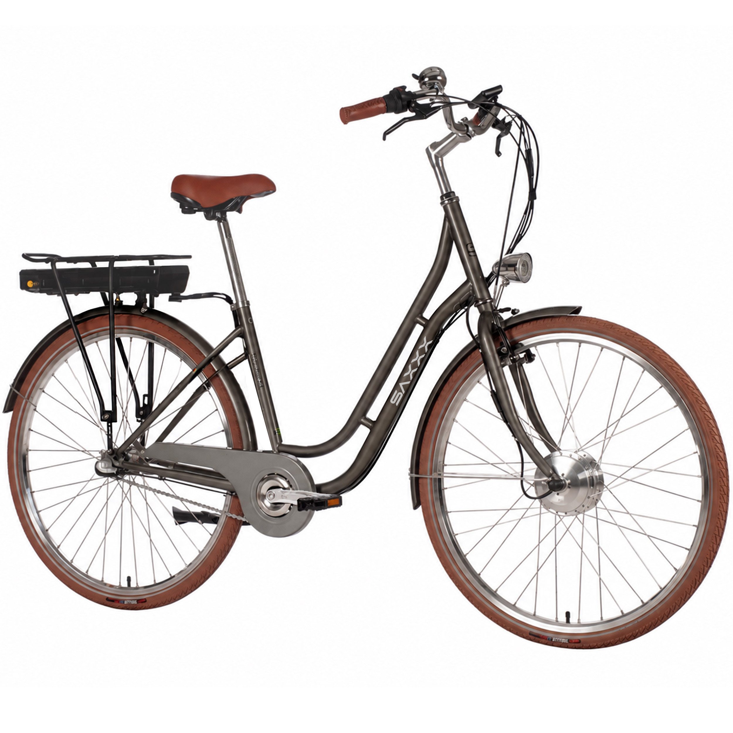 SAXXX E-Bike Cityrad 28 Zoll, bis zu 90km, Elektrofahrrad mit Tiefeinstieg, RH: 45 cm, 3 Gang Shimano Nexus Schaltwerk, Nabenschaltung, Frontmotor, 374 Wh, (V-Bremse, Trekkingrad, mit Gepäckträger, max. 130kg), 95% vormontiert, Pedelec, E-Citybike, Elektrofahrrad für Damen Herren