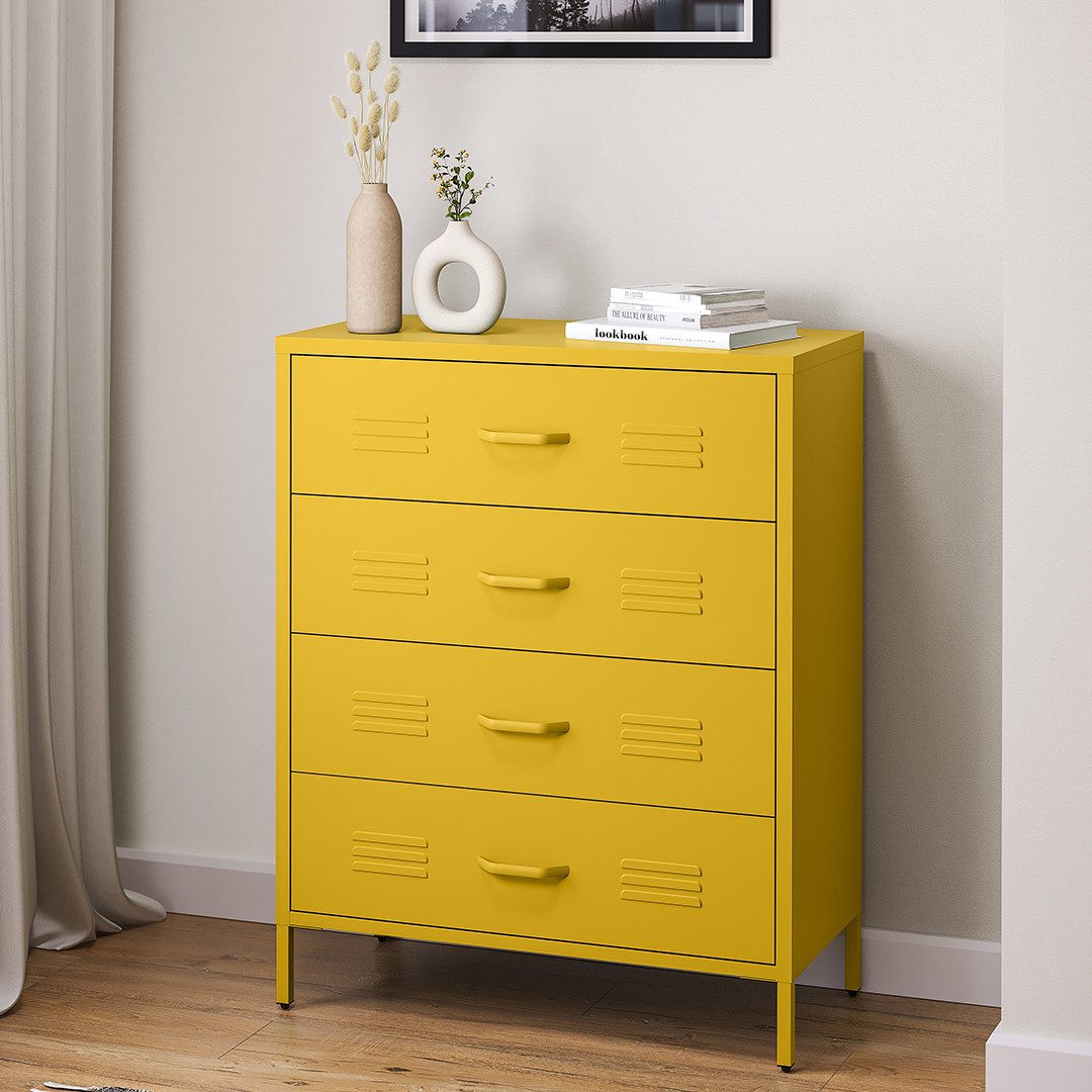 skølm Kommode Atria aus Stahl (Senfgelb), 4 Schubladen, höhenverstellbare Füße