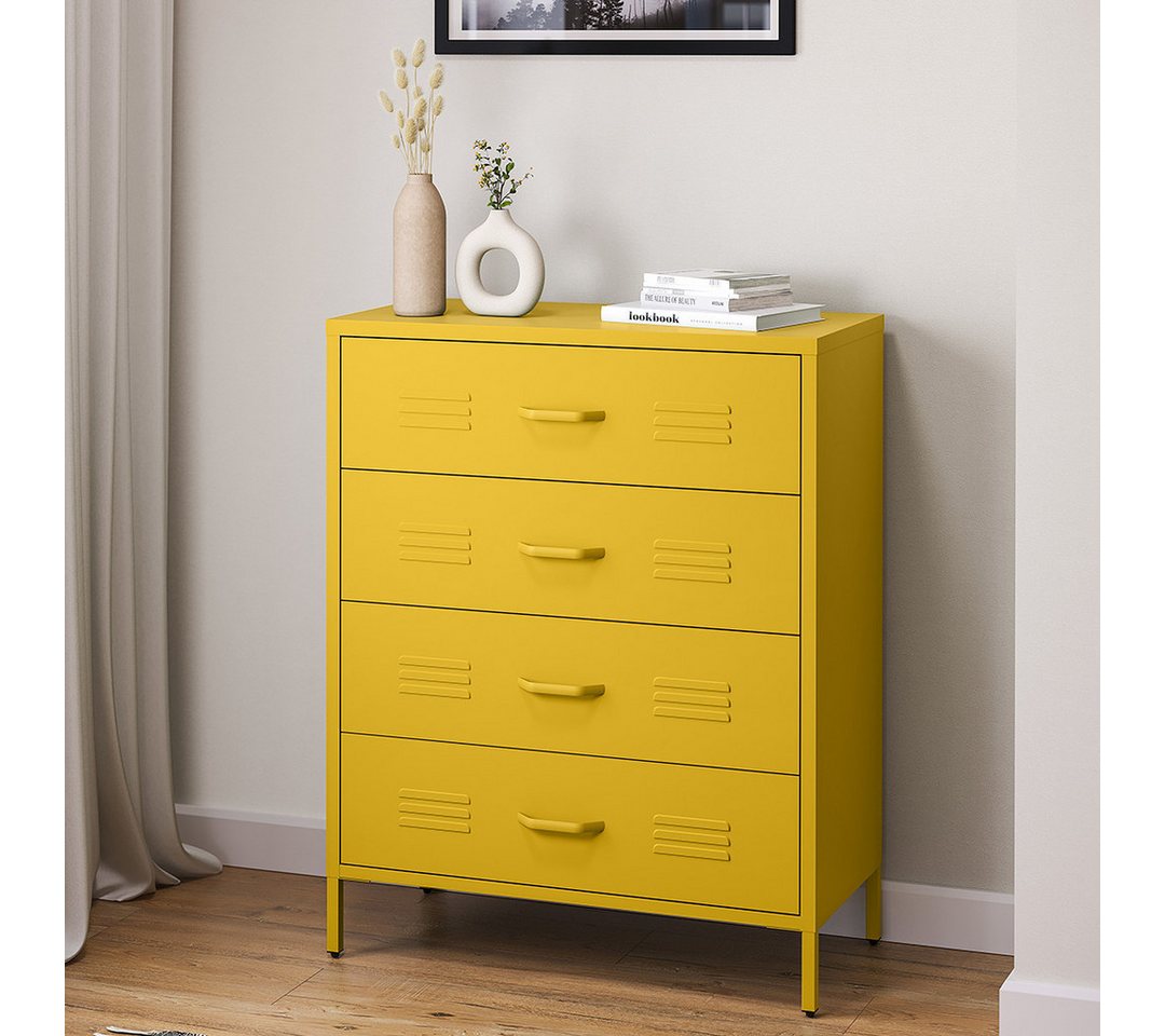 skølm Kommode Atria aus Metall (Senfgelb), Sideboard mit 4 Schubladen, Metallschrank mit höhenverstellbaren Füßen
