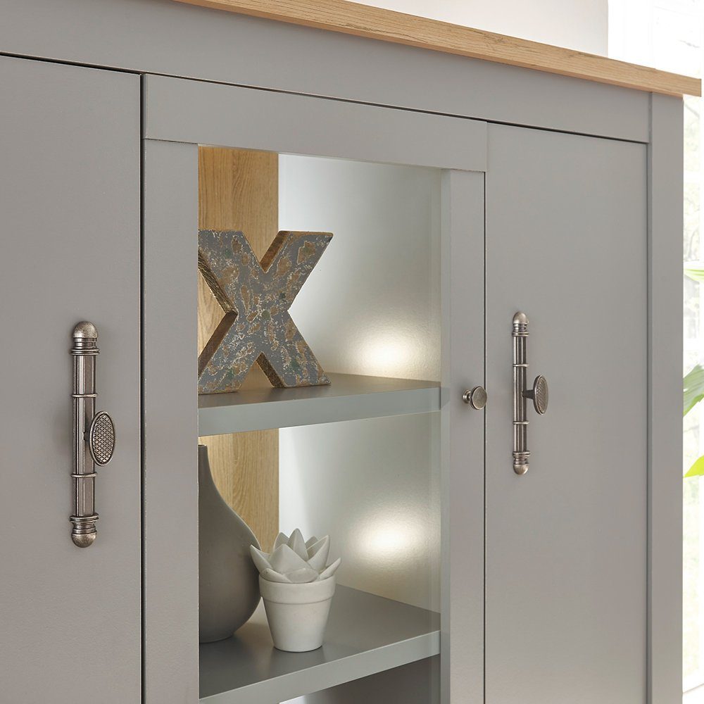 Lomadox Vitrine 138/142/44 CHATHAM-61 cm grau Artisan Eiche mit Nb