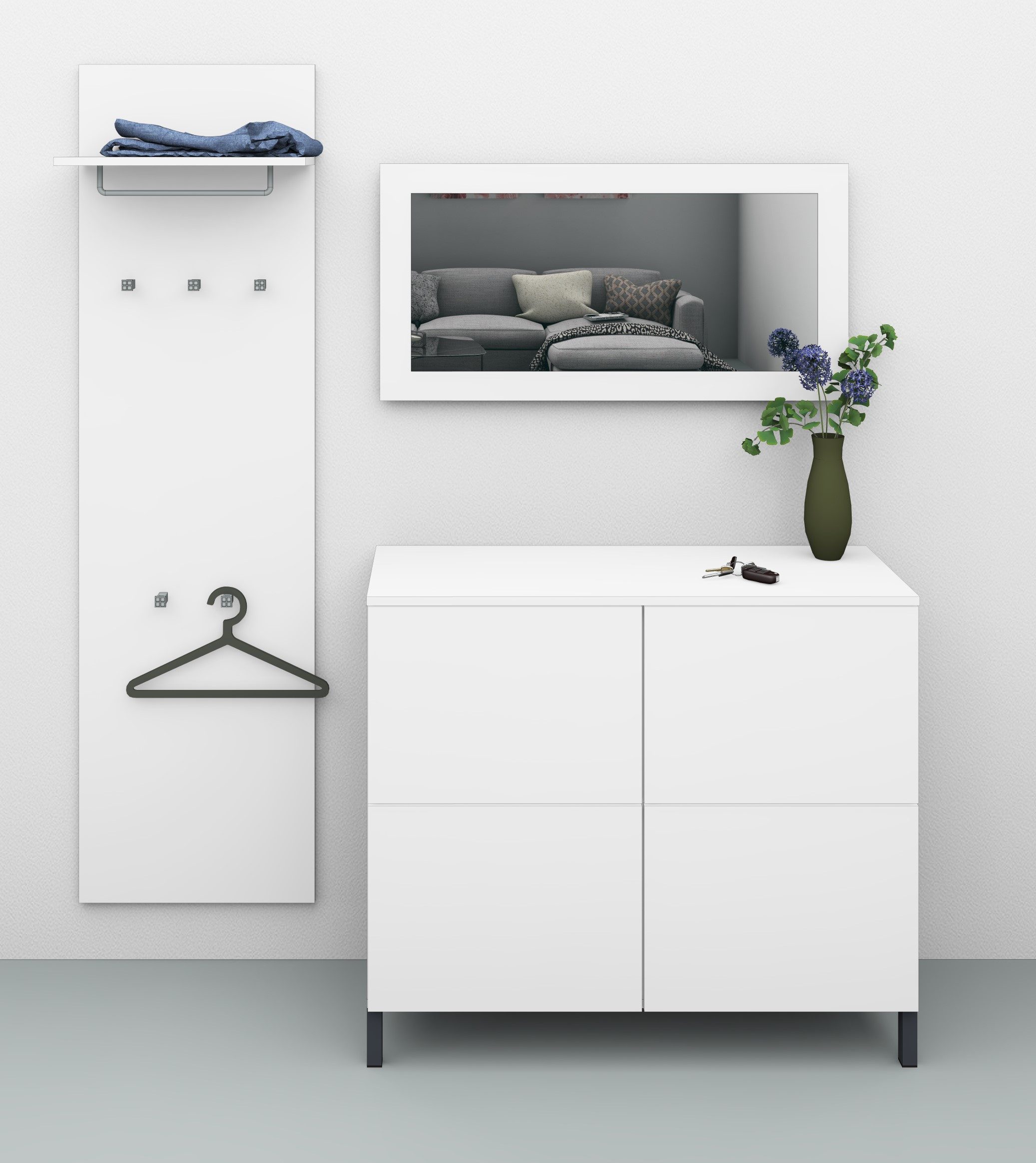 borchardt Möbel Garderoben-Set Haama 3-teilig mit Kommode, Wandpaneel und Spiegel, Push-to-open-Technik, Metallfüße, platzsparend