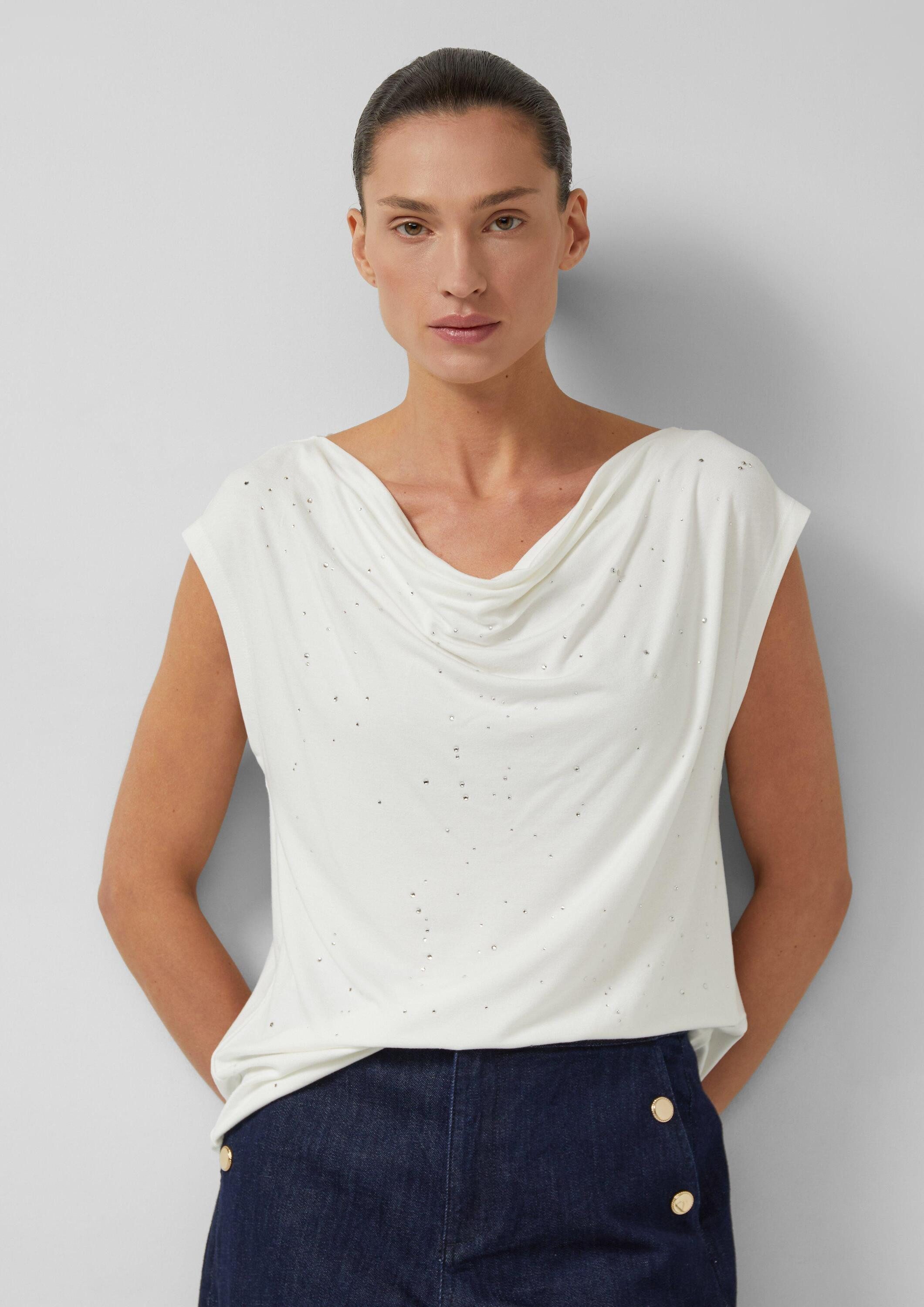 s.Oliver Kurzarmshirt T-Shirt Top mit Wasserfallausschnitt und Schmucksteinen