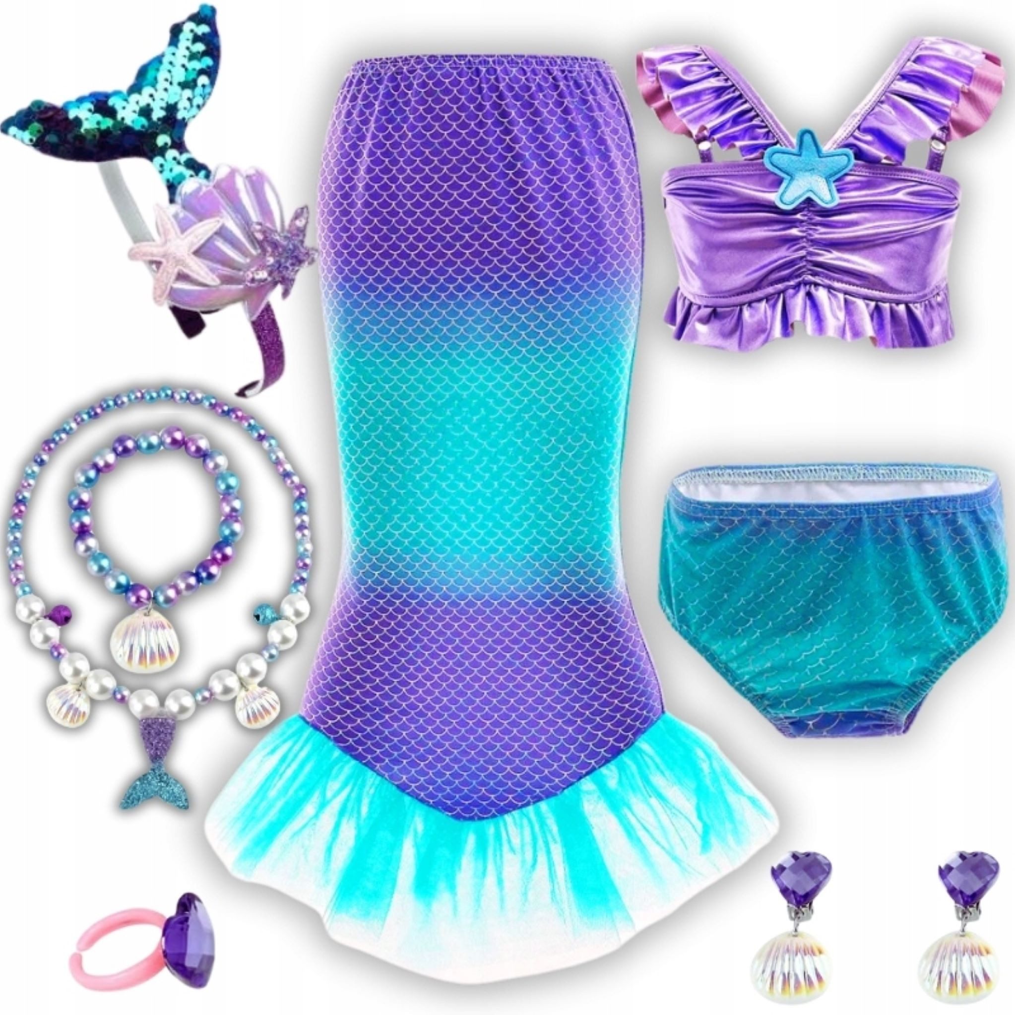 Festivalartikel Badeanzug 8-teiliges Meerjungfrauen Bikini Set für Mädchen Violett