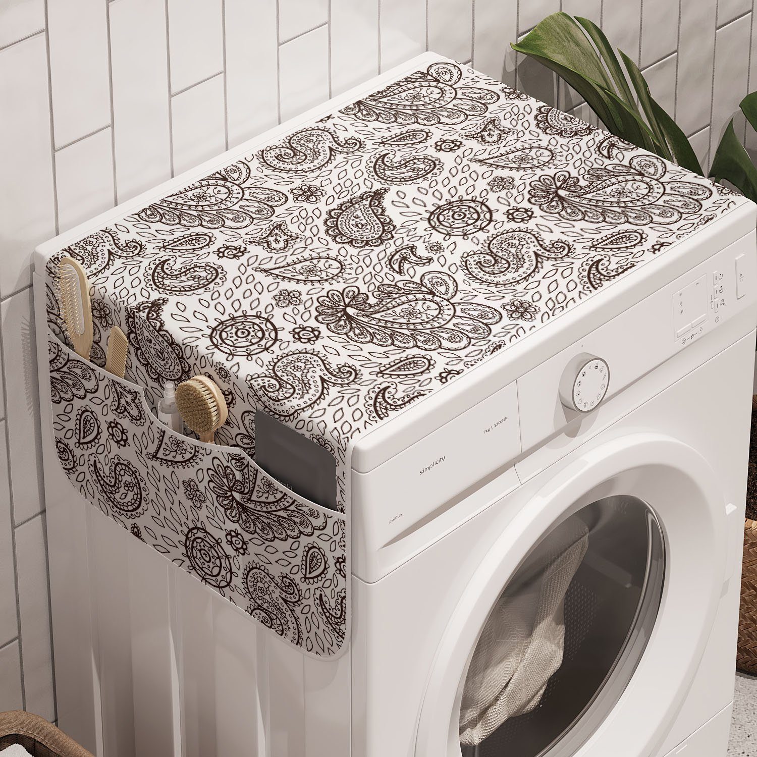 Abakuhaus Badorganizer Anti-Rutsch-Stoffabdeckung für Waschmaschine und Trockner, Brown Paisley Tribal Flower Damast