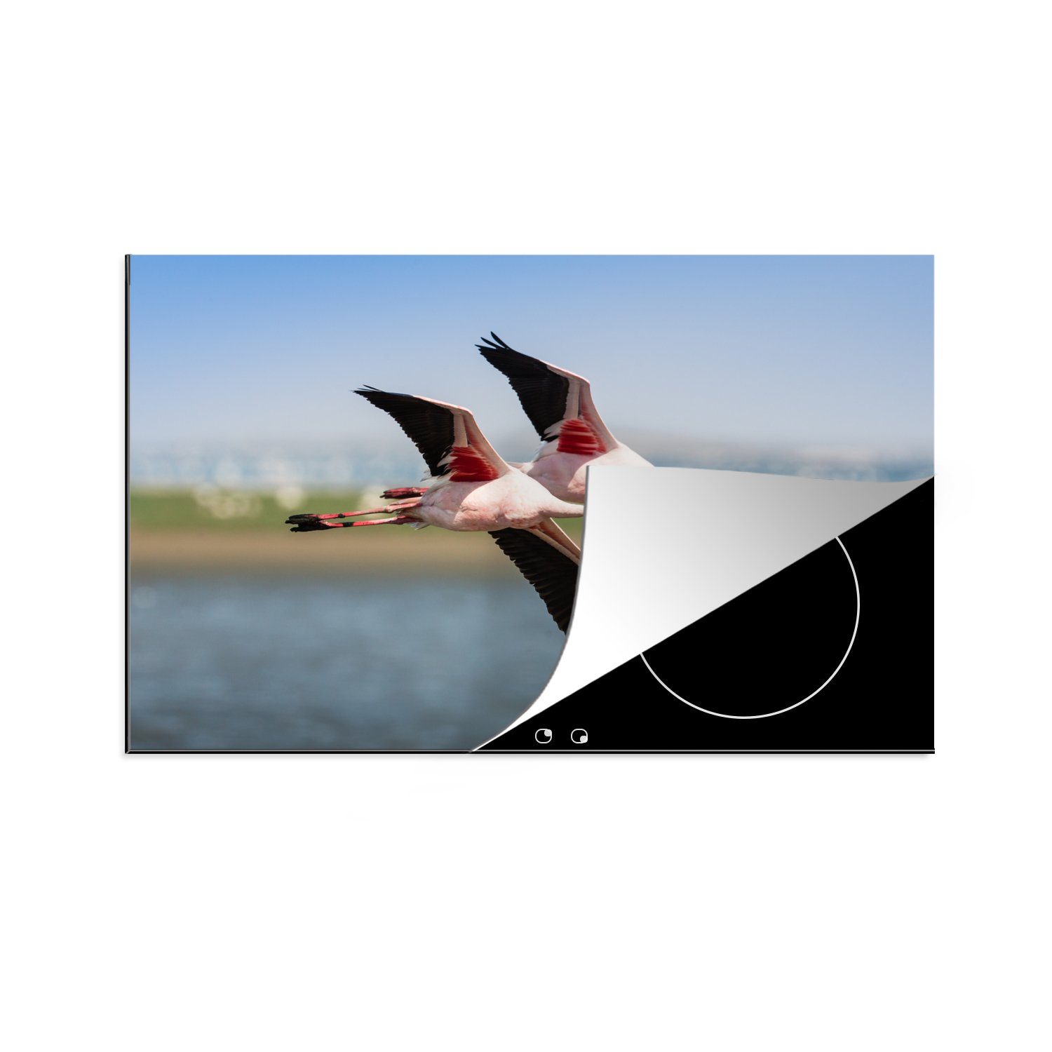 Vinyl, für Gleichtakt, Schutz die MuchoWow Herdblende-/Abdeckplatte fliegen Induktionskochfeld im küche, Zwei Ceranfeldabdeckung cm, 81x52 (1 tlg), Flamingos