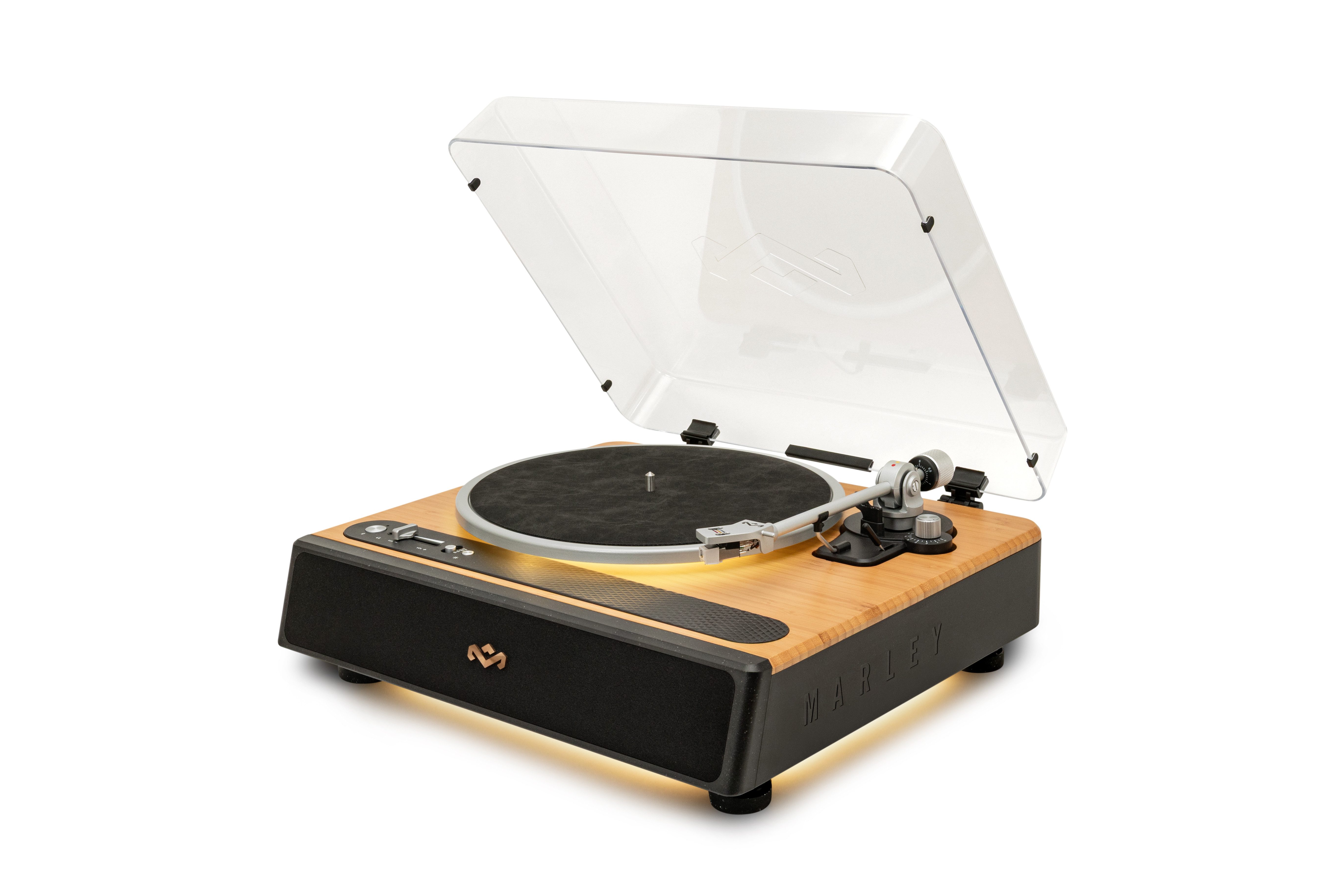 House of Marley EM-JT401-SB Soul Rebel mit integrierten Stereo-Lautsprechern Turntable Plattenspieler (Riemenantrieb, Bluetooth®, 2 × 10 W Lautsprecher, Audio-Technica AT3600L Tonabnehmer)