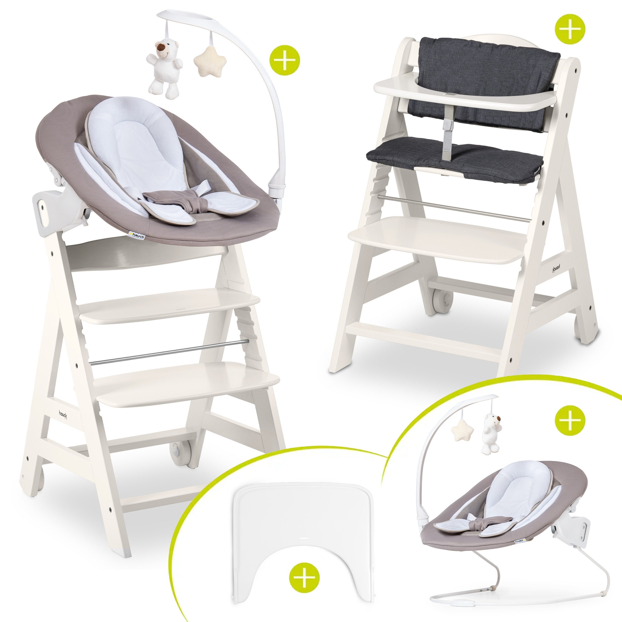 Hauck Hochstuhl Beta Plus Newborn Set Deluxe - White, Holz Babystuhl ab Geburt mit Neugeborenenaufsatz, Sitzkissen, Essbrett