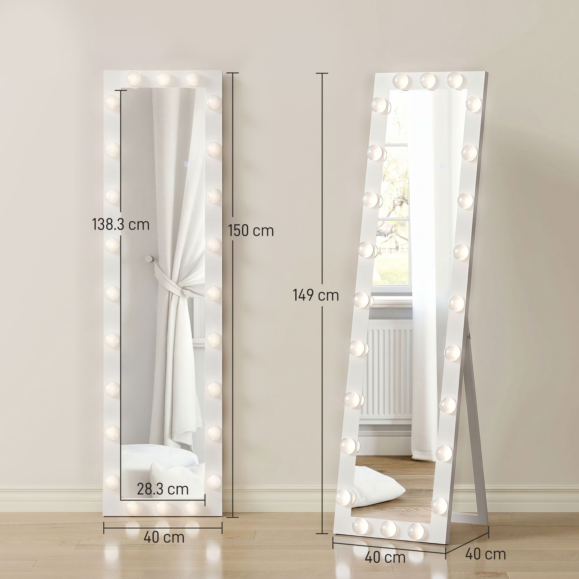 HOMCOM Standspiegel LED 3 Lichtfarbe dimmbar mit Touch-Schalter Spiegel (Stehspiegel, 1-St., Ganzkörperspiegel), für Wohnzimmer, Schlafzimmer, Weiß