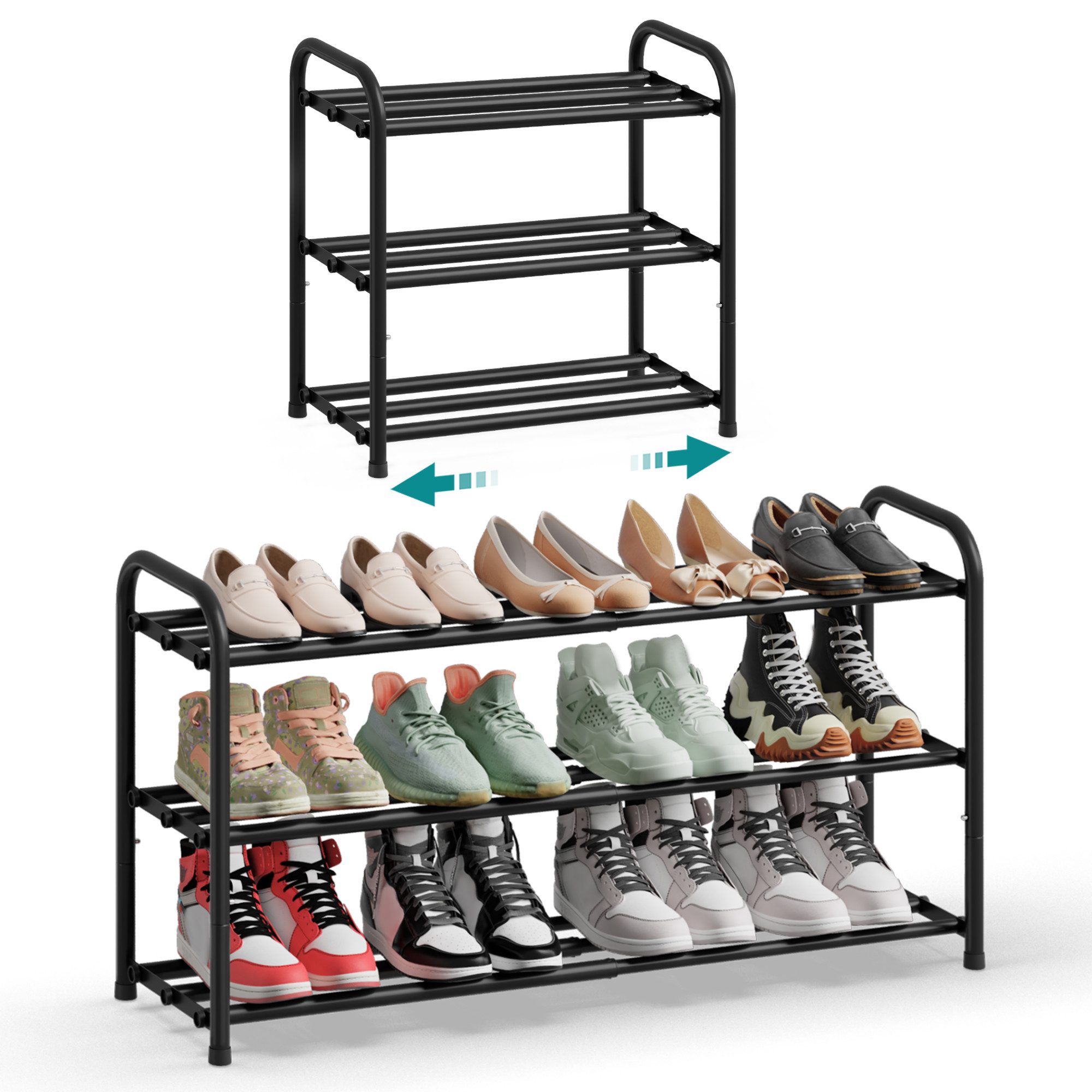 SONGMICS Schuhregal Schuhregal ausziehbar, Schuhablage, Schuh-Organizer, Metall mit verstellbaren Ablagen, 2/3 Ebenen