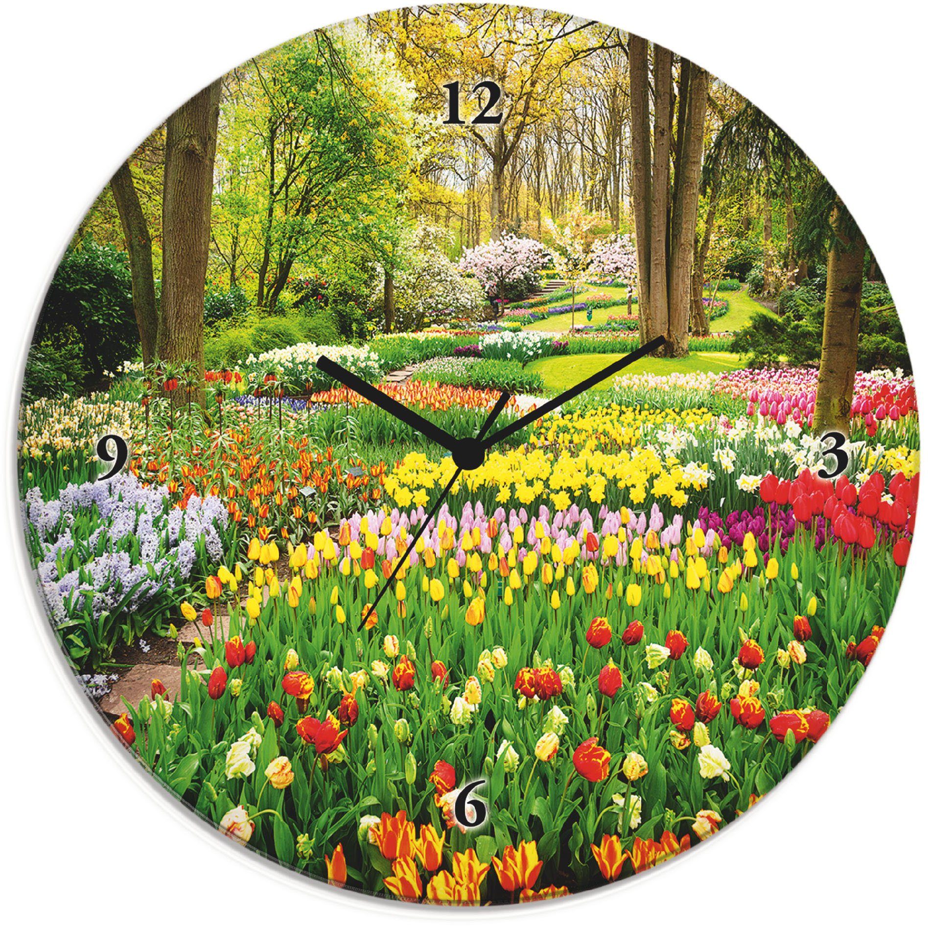 Wanduhr ohne Glasuhr rund Frühling Funkuhrwerk, lautlos Tickgeräusche) Artland Tulpen oder (wahlweise Garten mit Quarz-