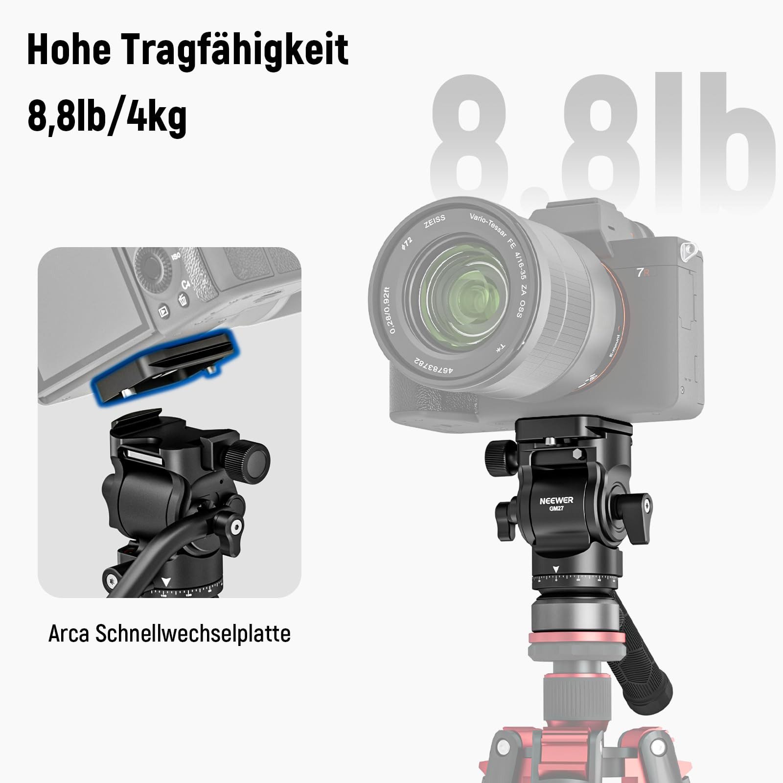 Neewer Fluid-Video-Neiger GM27 Fluidkopf für Videostativ, mit +/-10° Nivellierbasis (37mm), mit Arca Schnellwechselplatte, Metall Stativkopf für Videokameras DSL