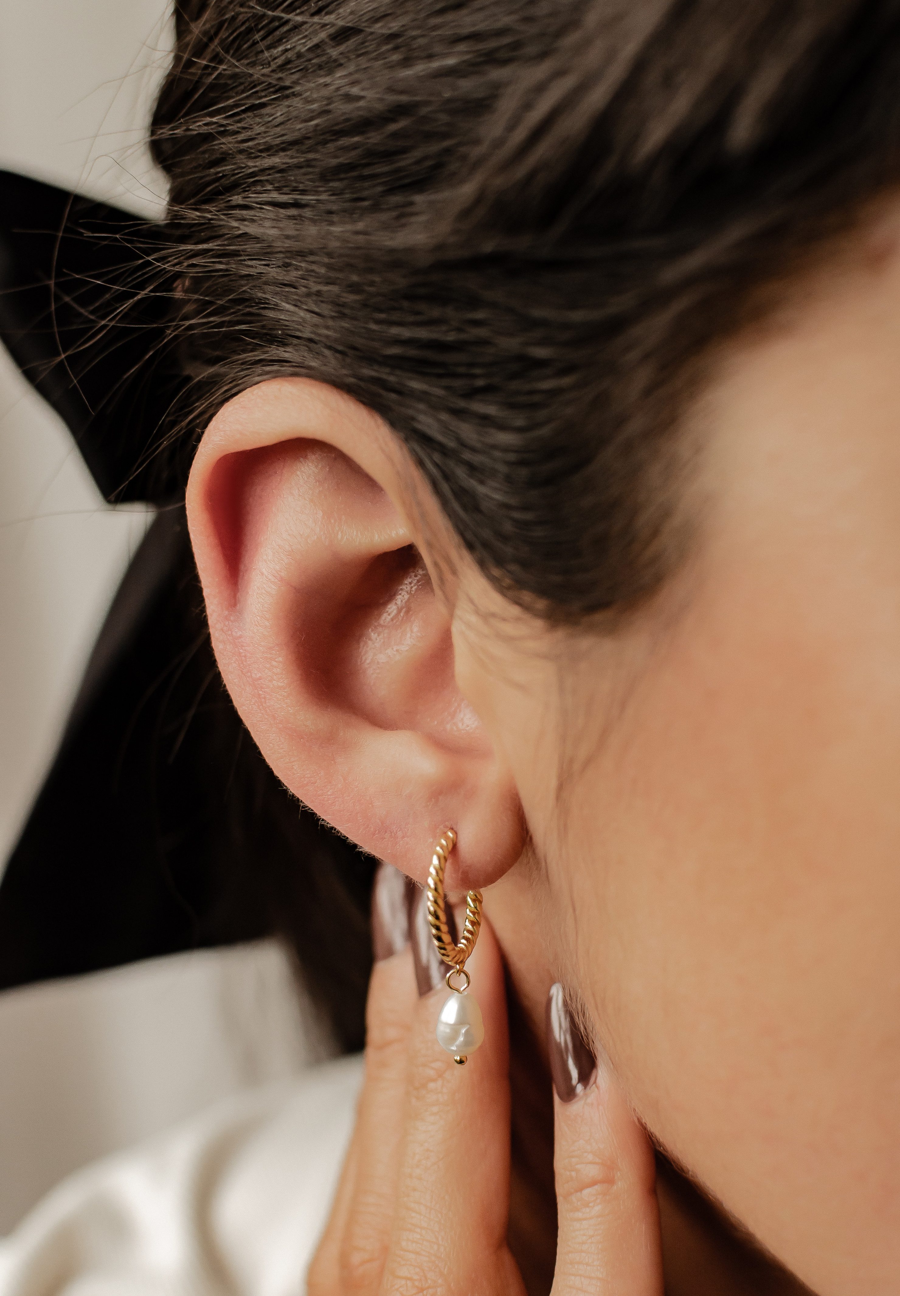 Hey Happiness Paar Creolen Silber 925 Damen Perle gedreht, 18K Vergoldet, Silber Perle Ohrringe hängend, Brautschmuck