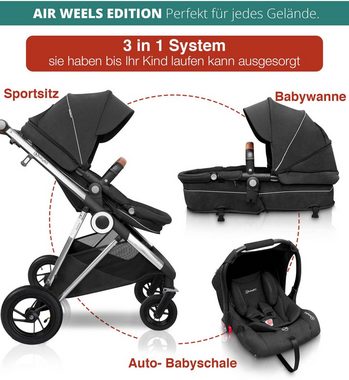 BabyGo Kombi-Kinderwagen Halime AIR 3in1, Anthracite Silver, mit Luftreifen, inkl. Babywanne, Babyschale, Regenhaube & Wickeltasche