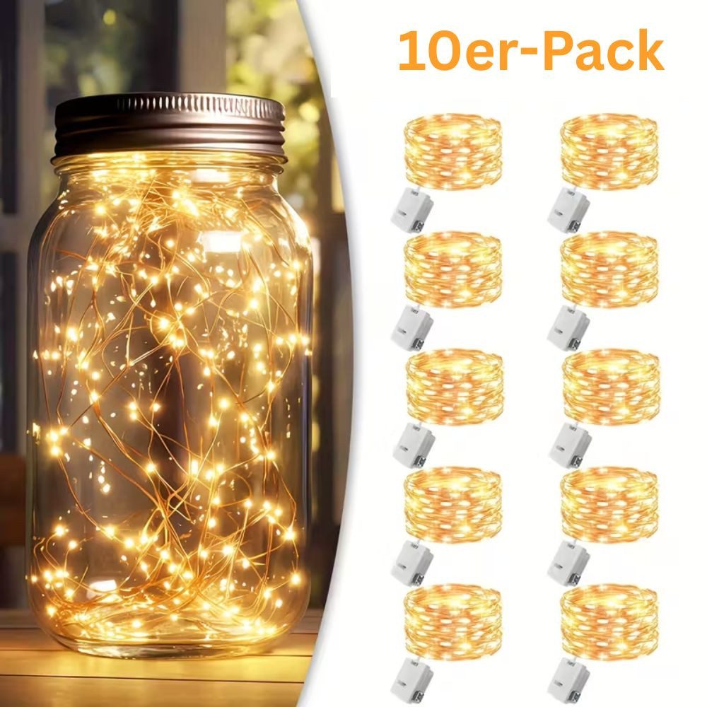 Montegoni Lichterkette 10er LED Lichterkette Set warmweiß 2m Batteriebetrieben 3 Modi, 3 Beleuchtungsmodi, flexibler Kupferdraht, batteriebetrieben