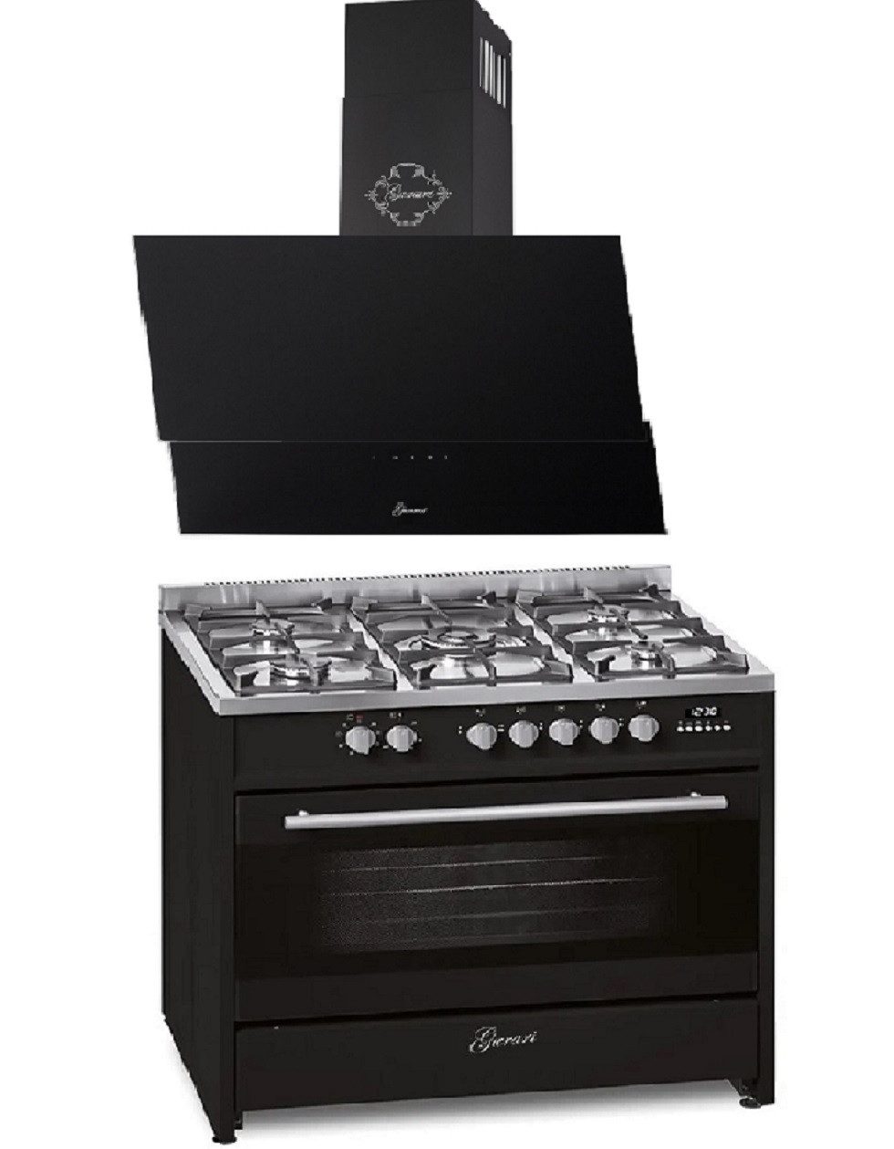 GURARI Gas-Standherd 90 cm Range Cooker 121L +Dunstabzugshaube 90cm GCH E 911 BL+GCH 268 BL 90 PRIME N, mit 1-fach-Teleskopauszug