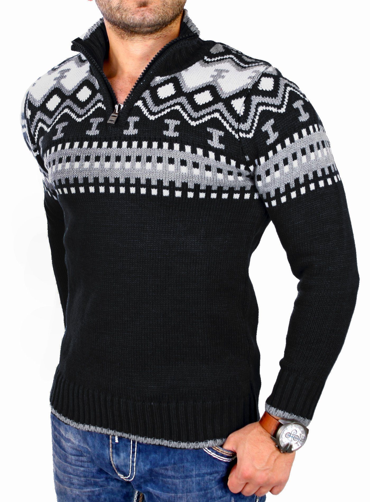 Strickpullover Reslad Herren Strickpullover Crewneck Zipper Norweger Pullover RS-3110