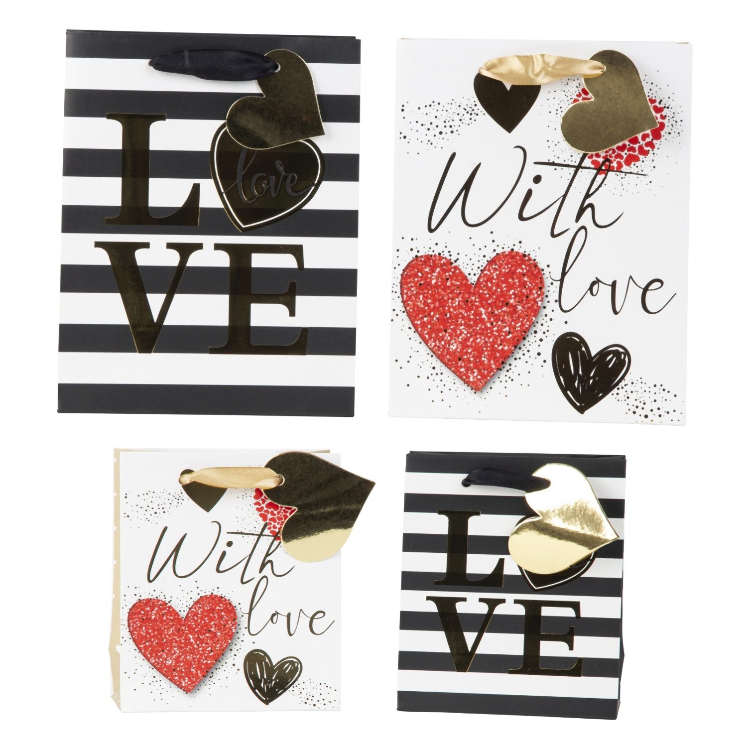 Macosa Home Geschenk-Tragetasche 4er Set Love Weiß Schwarz Rot Gold Kraftpapier, (4St), Geschenktaschen vers. Größen Geschenktüten