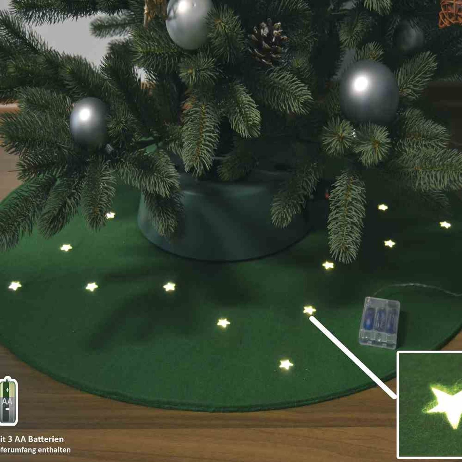 F-H-S International GmbH & Co. KG Lichterkette Filzteppich für Weihnachtsbaum Ø 90 cm, grün, 20 LED, Batterie mit Tim