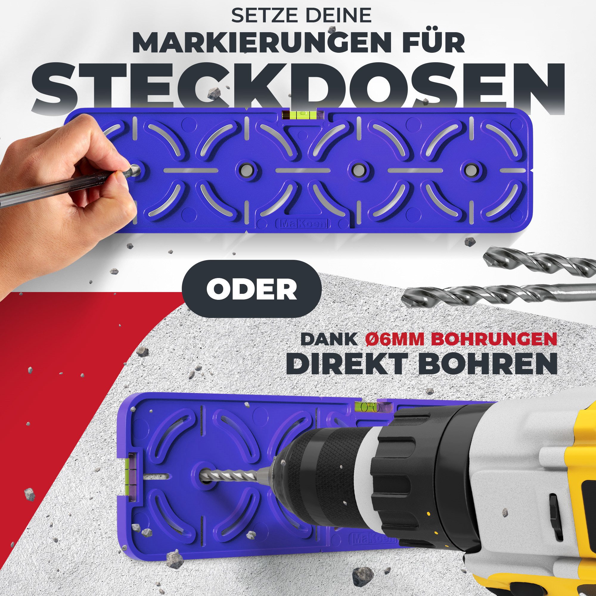 MaKoen Frässchablone Bohrschablone Steckdosen Hohlwanddosen 71mm Abstand mit Wasserwaage