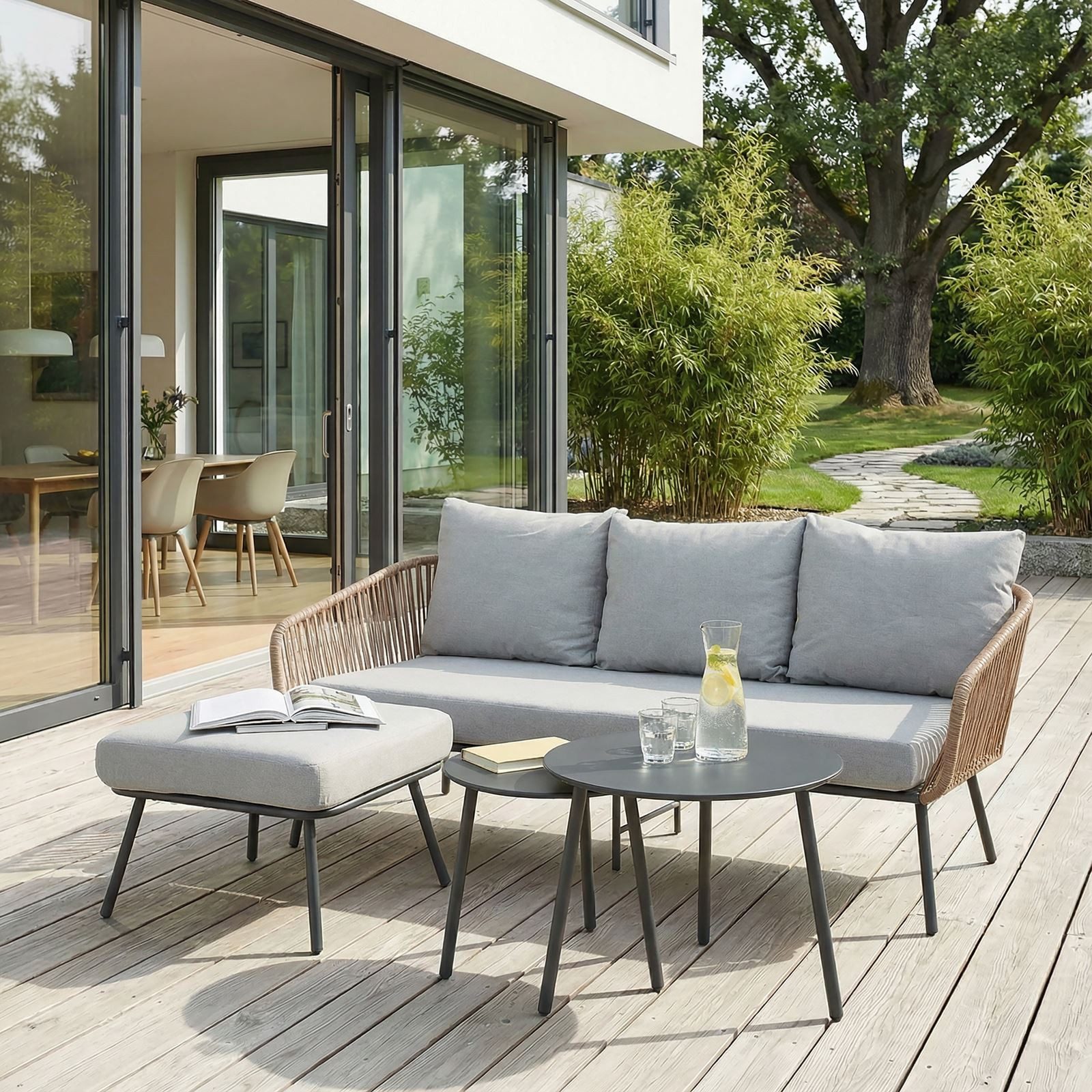 IDIMEX Gartenlounge-Set MYKONOS, (4-tlg), Outdoor Dreisitzer Sofa mit Beistelltisch, Balkonmöbel Set braun/grau