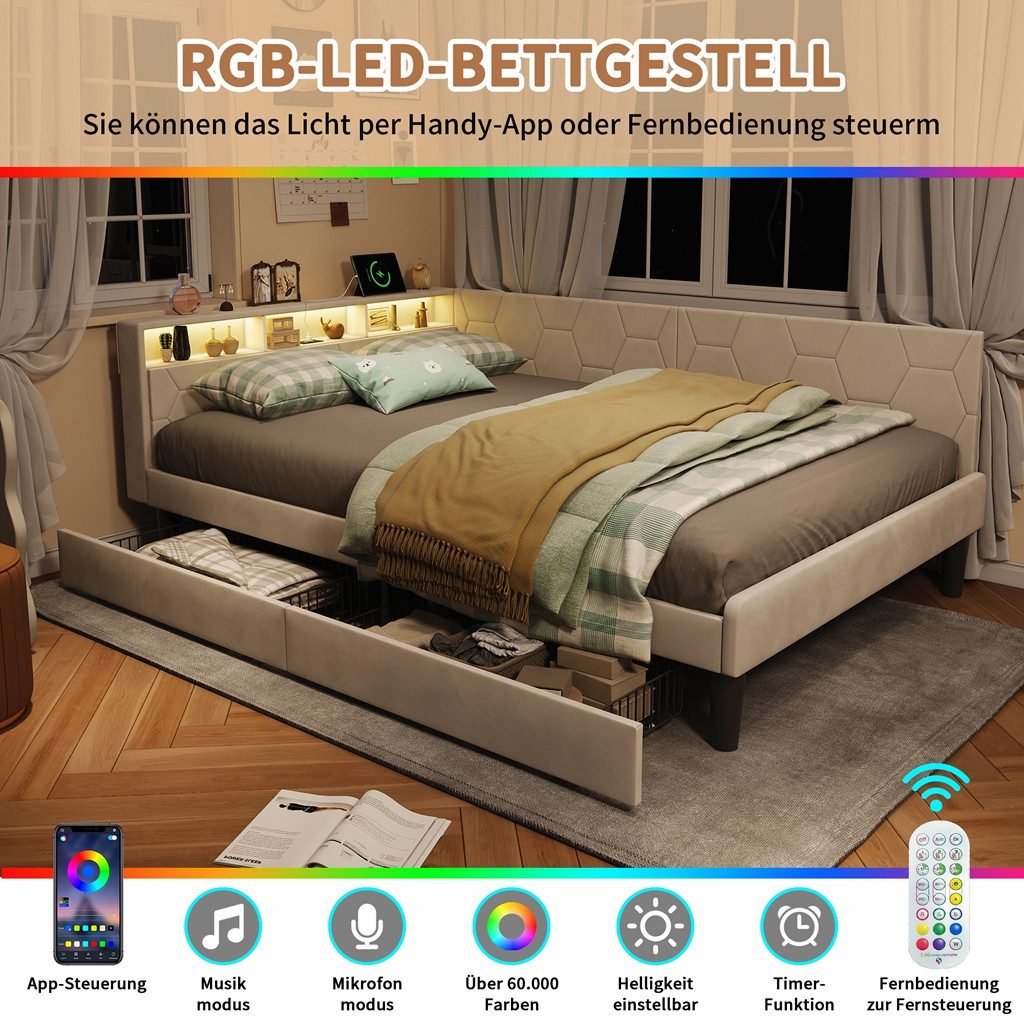 Simurq Polsterbett Daybett mit LED-Beleuchtung und USB, Schlafsofa Tagesbett Jugendbett (1 tlg, ohne Matratze), Sofabett, Doppelbett mit Lattenrost, Samtstoff,  – Bild 4 von 5