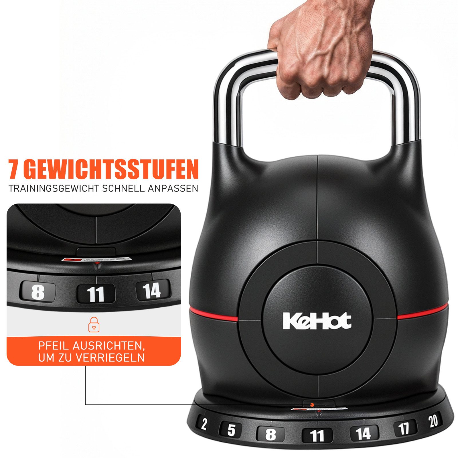 kehot Kettlebell 7-in-1 Kettlebell Verstellbar für Ganzkörper-Workout Zuhause, 20 kg, (Kettlebell Set 2-20 kg, mit 7 Gewichtsstufen, Schnellverstellung, Kugelhantel mit Edelstahl-Handgriff für perfektes Schwungerlebnis), Kompakte Fitness Kugelhantel mit Ablage, Core