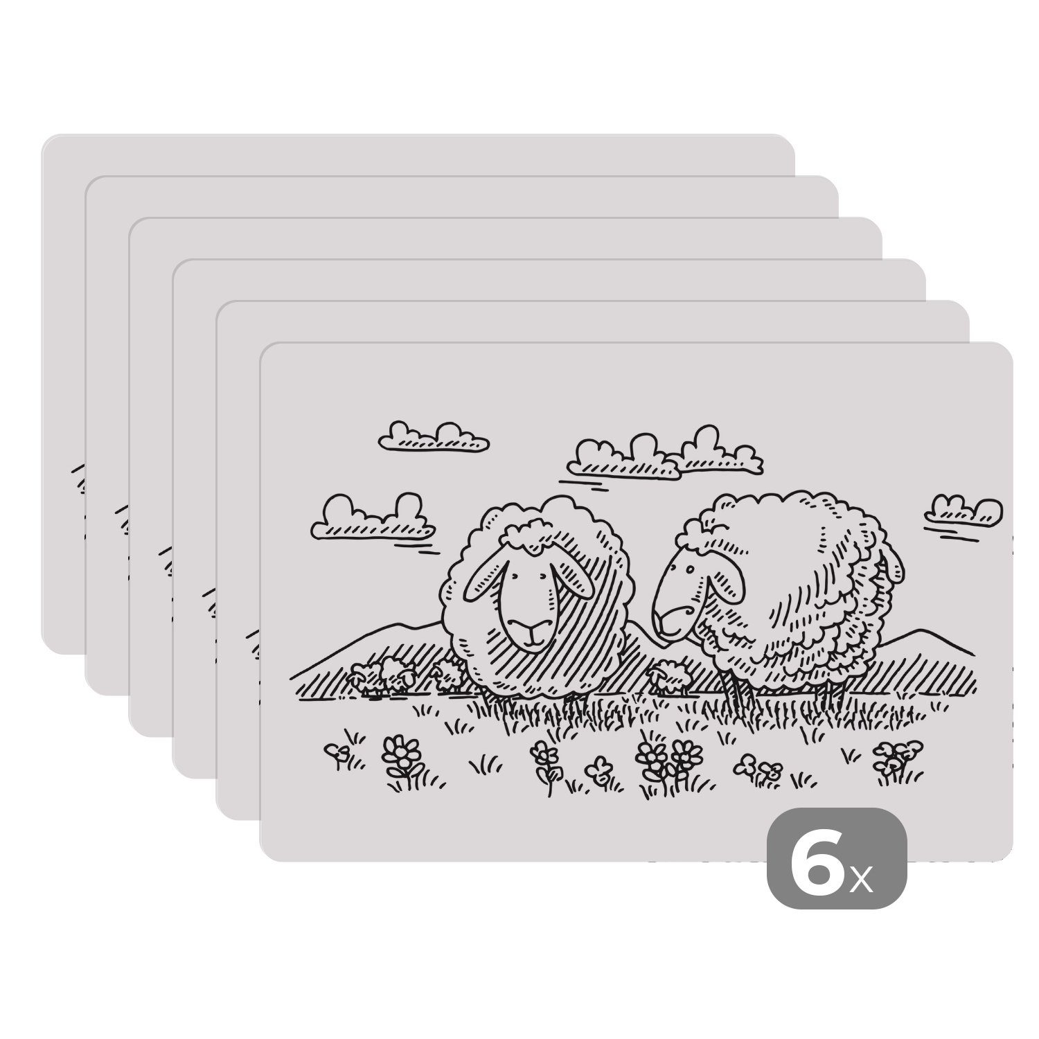 Platzset, Eine Illustration von zwei Schafen auf der Wiese, MuchoWow, (6-St), Platzset, Platzdecken, Platzmatte, Tischmatten, Schmutzabweisend