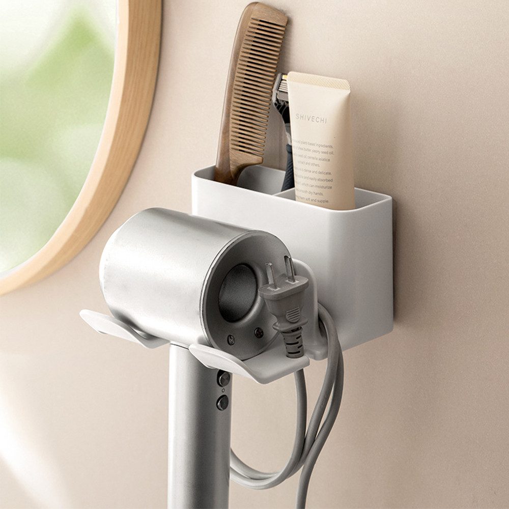 AFKSMILE Haartrocknerhalter Föhnhalter Ohne Bohren, Föhn Halterung mit Kabelhalter & Aufbewahrung, (Haartrockner Halterung zum Kleben Wandmontage für Bad Barbershop Hotel)