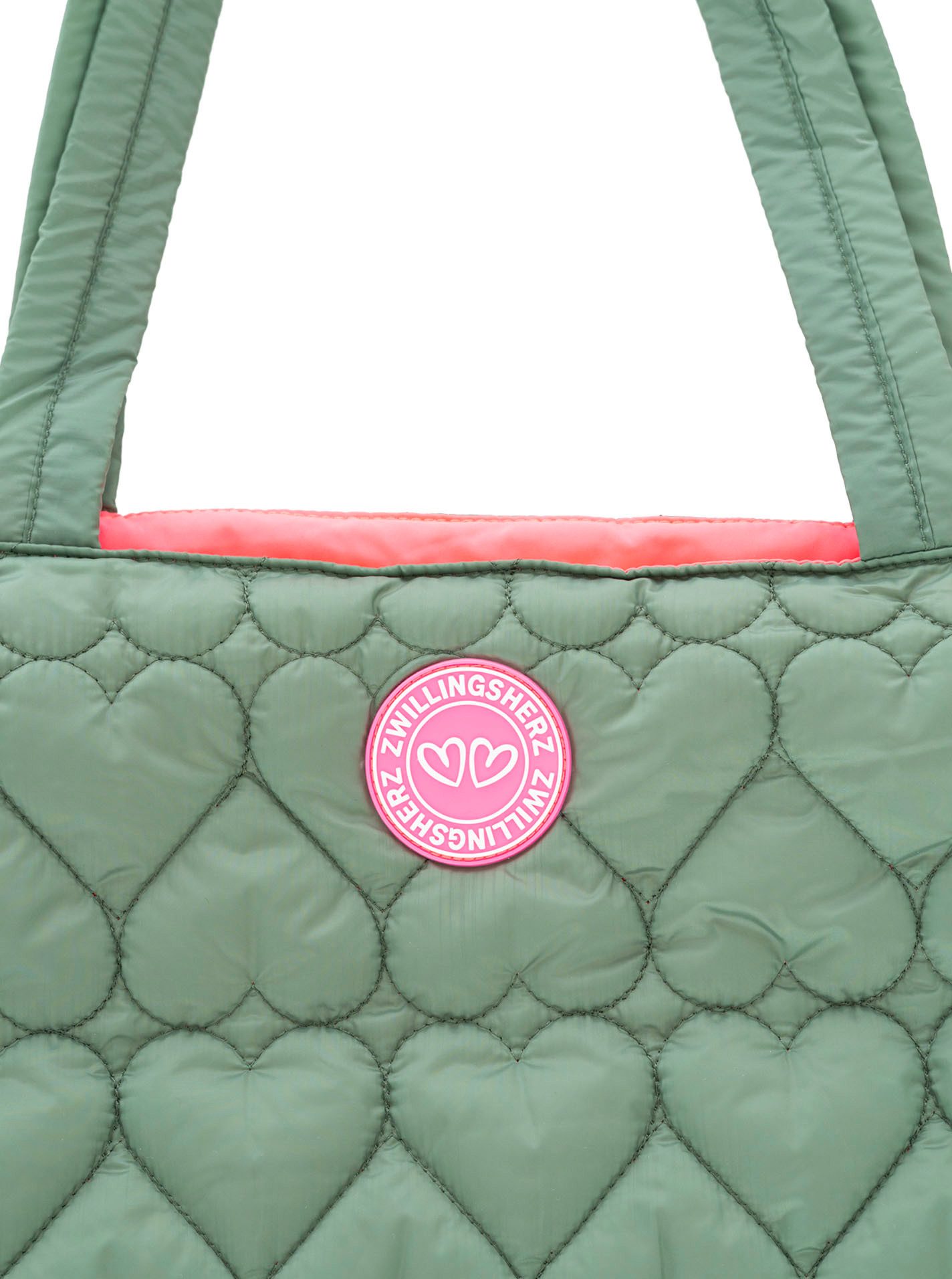 Zwillingsherz Shopper "Herzsteppung", Herzsteppung, langer Schulterriemen, pinkes Logo-Patch und Innenfutter