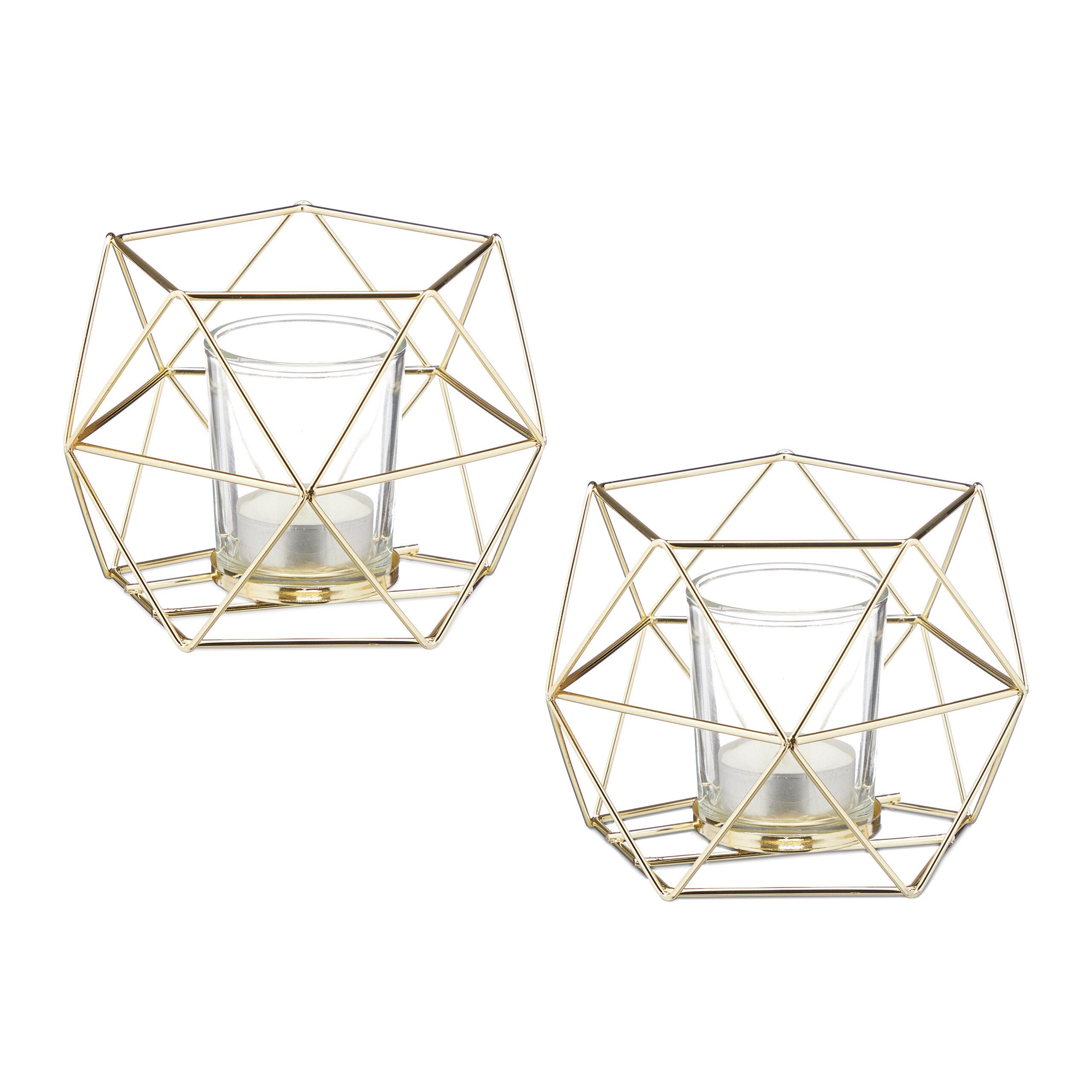 relaxdays Teelichthalter Geometrischer Teelichthalter im 2er Set, Gold