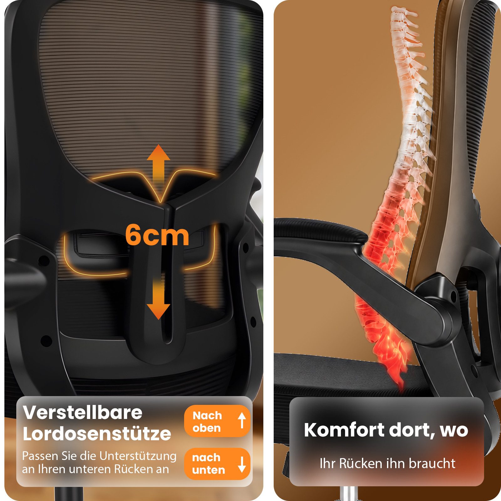 Durrafy Bürostuhl Ergonomischer Bürostuhl,Schreibtischstuhl mit klappbaren Armlehnen, Chefsessel mit 150 kg Tragfähigkeit – Bild 3 von 5