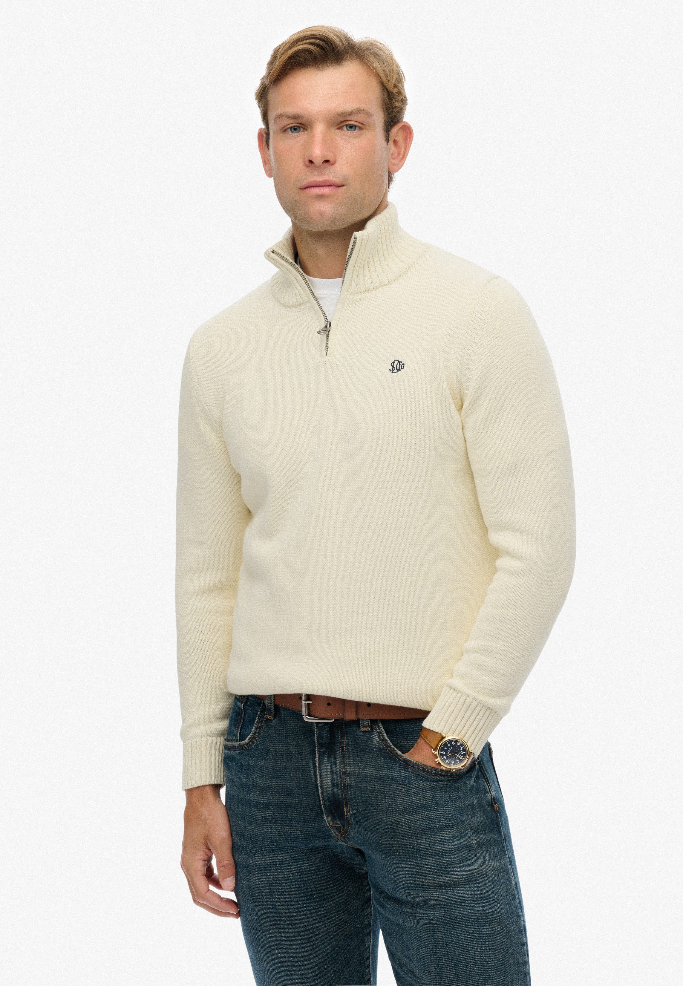 Superdry Strickpullover COTTON KNIT HENLEY aus Baumwolle, Slim Fit, mit Stehkragen, hüftlange Form, pflegeleicht
