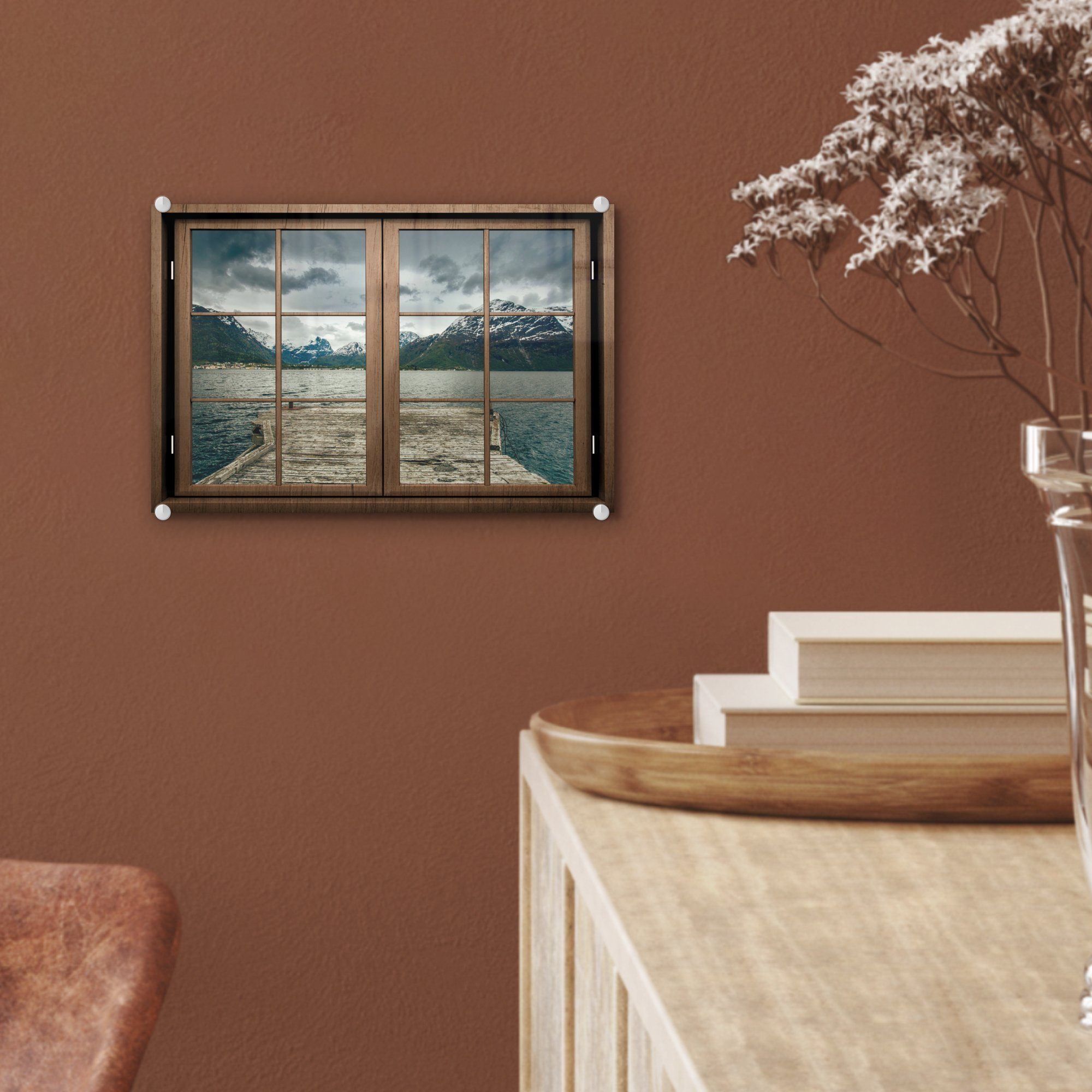 Wandbild Acrylglasbild Glasbilder auf MuchoWow Bilder Berge, - Aussicht Glas - St), - Wanddekoration auf (1 - Foto Wasser Glas -