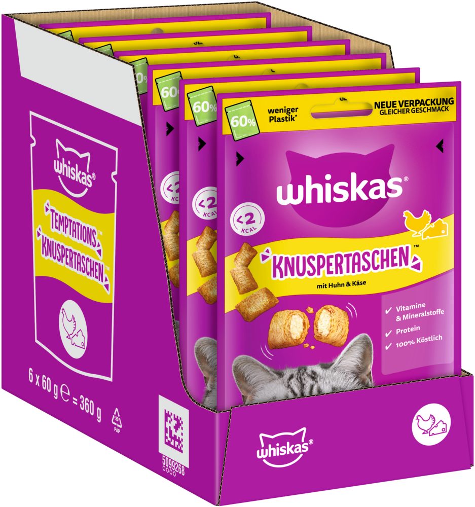 Whiskas WHISKAS® KNUSPERTASCHEN™ mit Huhn und Käse 6 x 60g, Snack für: Katze