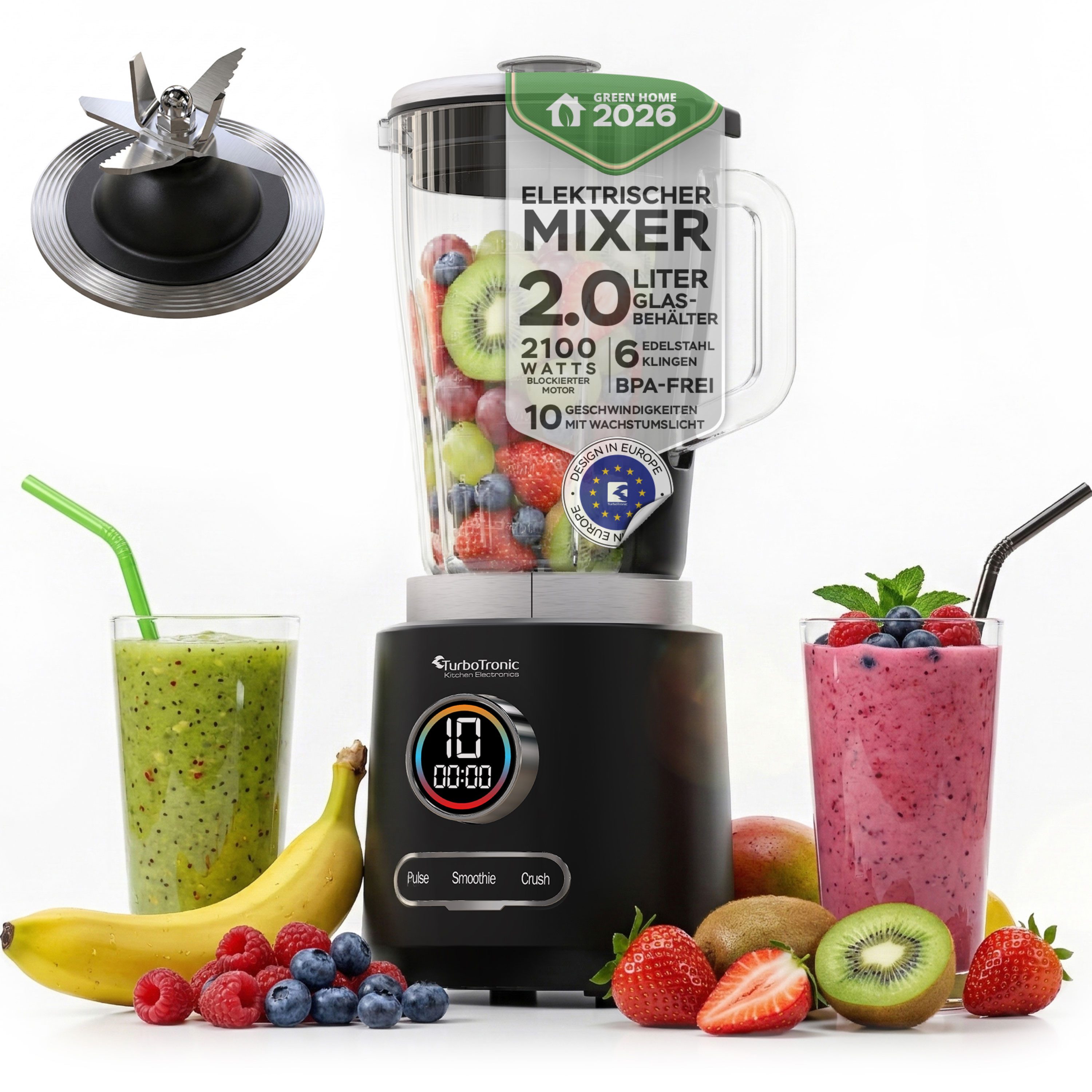 TurboTronic by Z-Line Standmixer 2100 Watt, 25.000 RPM mit 2,0 L Glasbehälter Edelstahl, Smoothie Mixer, 2100 W, Maker Ice Crush Funktion Milchshaker Blender Glas BPA FREI