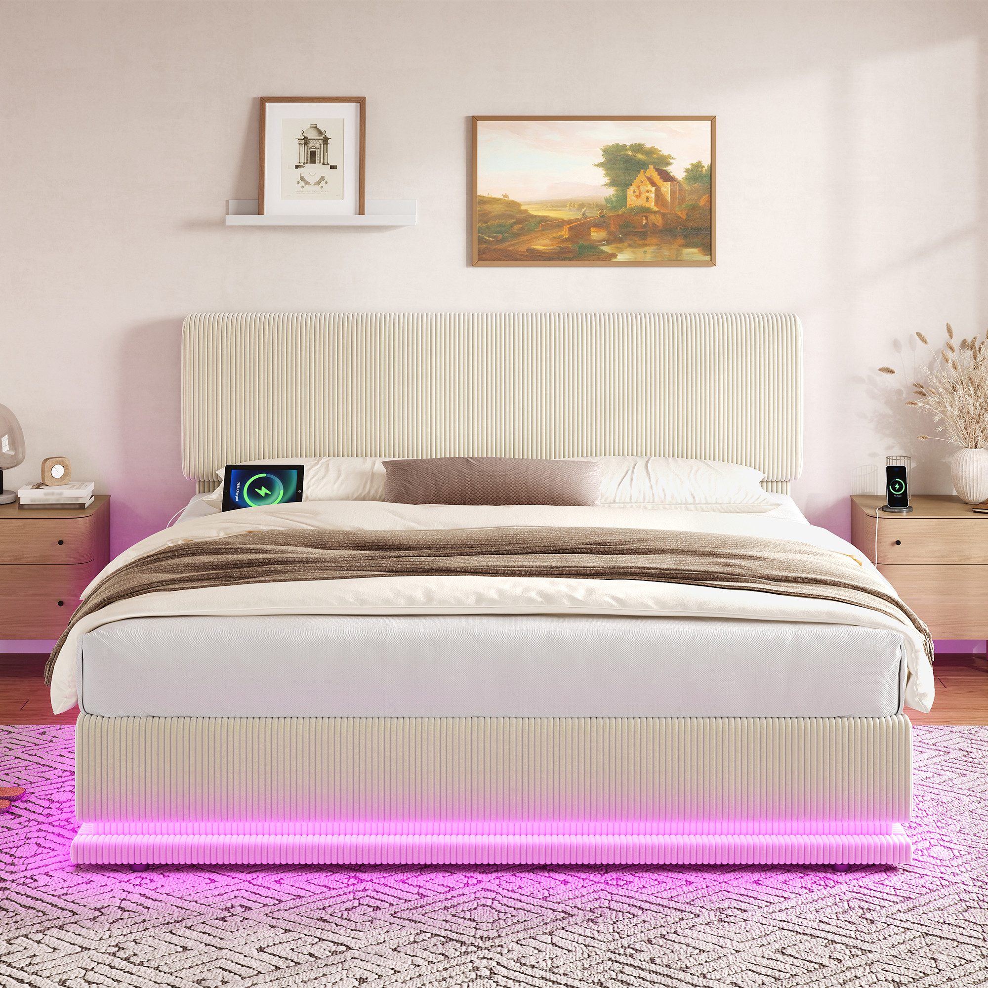 OKWISH Polsterbett Stauraumbett Kinderbett (mit LED-Beleuchtung, USB-C-Ladefunktion und höhenverstellbarem Kopfteil – Cord-Stoff, stabiler Lattenrost und großer Stauraum, 180x200cm), ohne Matratze