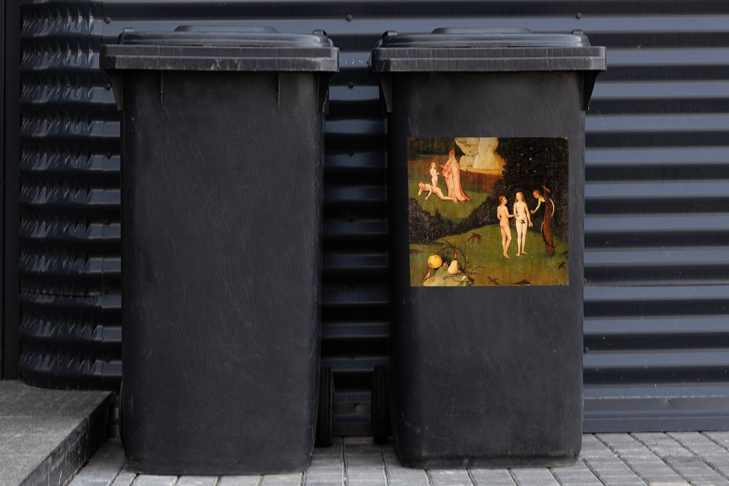 Hieronymus des Gemälde Mülltonne, Wandsticker Sticker, - MuchoWow von Flügel Abfalbehälter St), Heuwaage Container, (1 linker Mülleimer-aufkleber, Bosch Triptychons