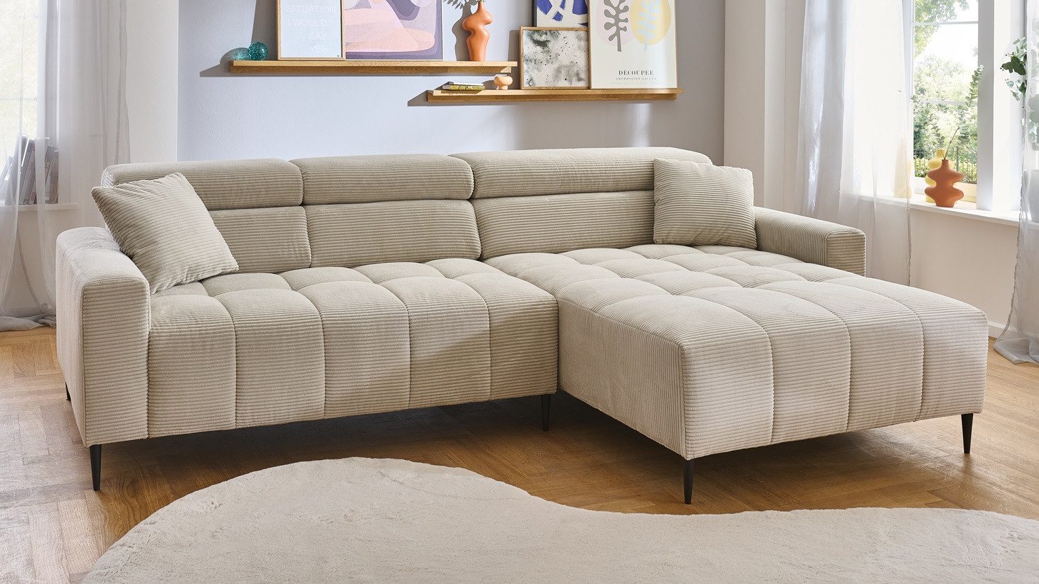 Iwaniccy Ecksofa Ecksofa R SIMPLE Cord beige elektrisch Sitztiefenverstellung