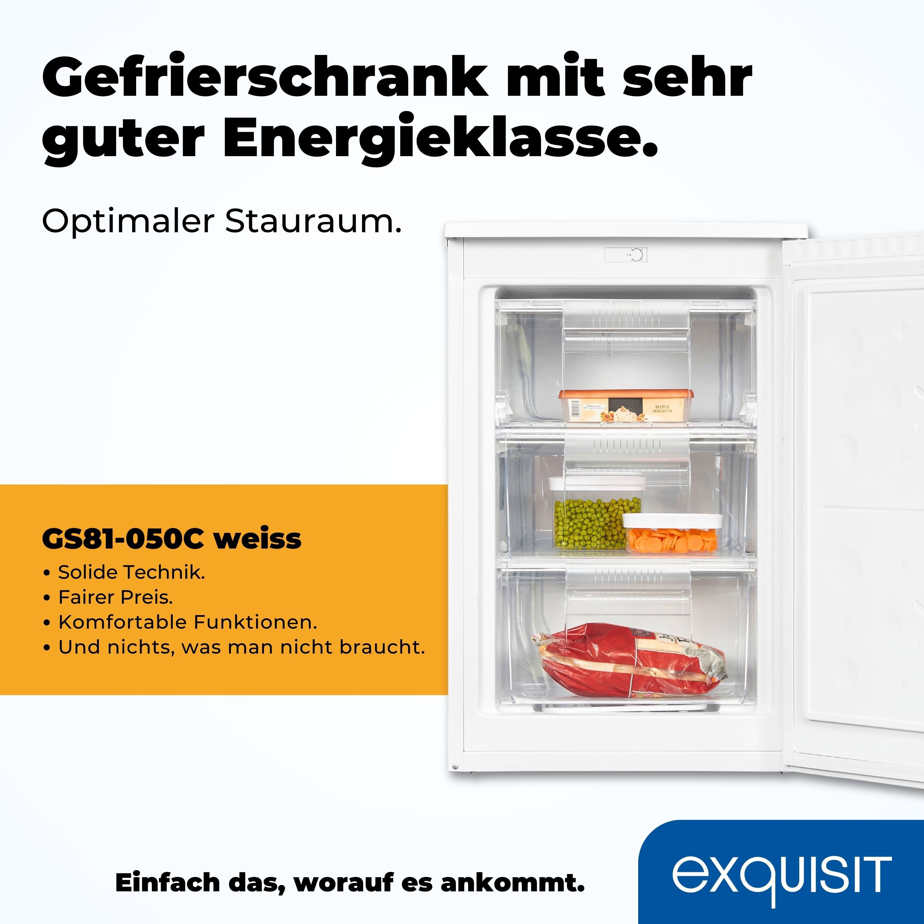 exquisit Gefrierschrank GS81-050C weiss, 84.5 cm hoch, 54.9 cm breit, wechselbarer Türanschlag, No-Frost, 85 Liter Nutzinhalt