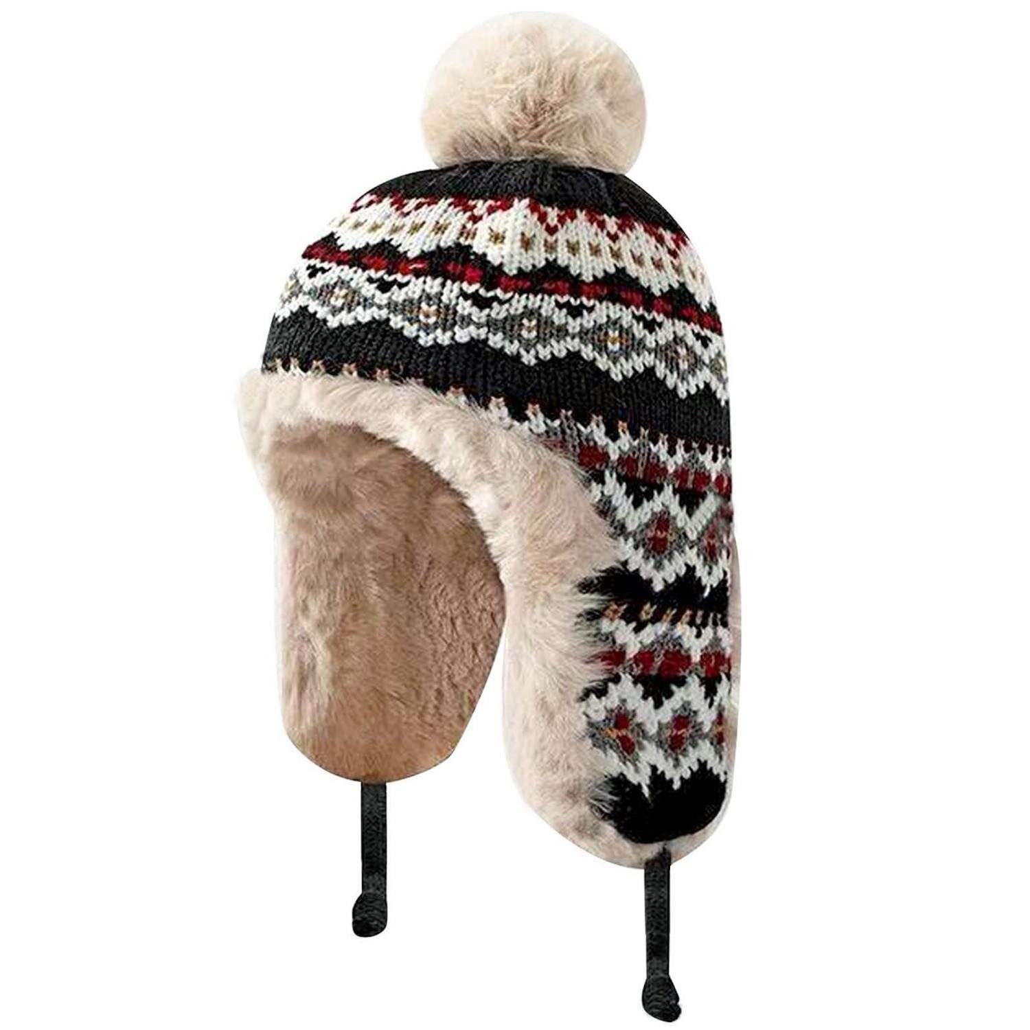 LuxusKollektion Outdoorhut Trapper Mütze Damen Winter Ohrenklappen Bommel Schwarz (1-St)