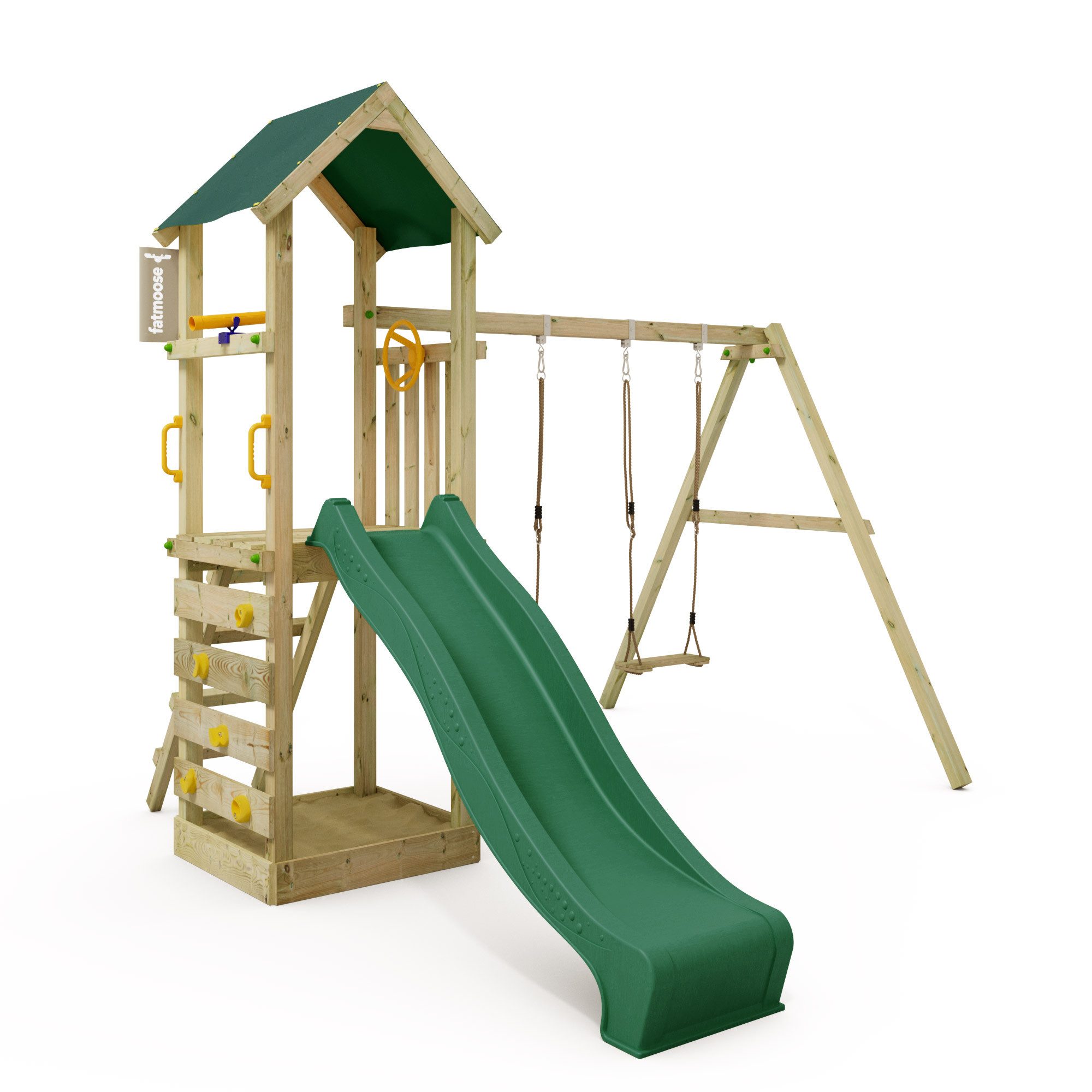 FATMOOSE Spielturm KiwiKey - Abenteuerlicher Kletterturm mit Doppelschaukel, 10-jährige Garantie*, Integrierter Sandkasten